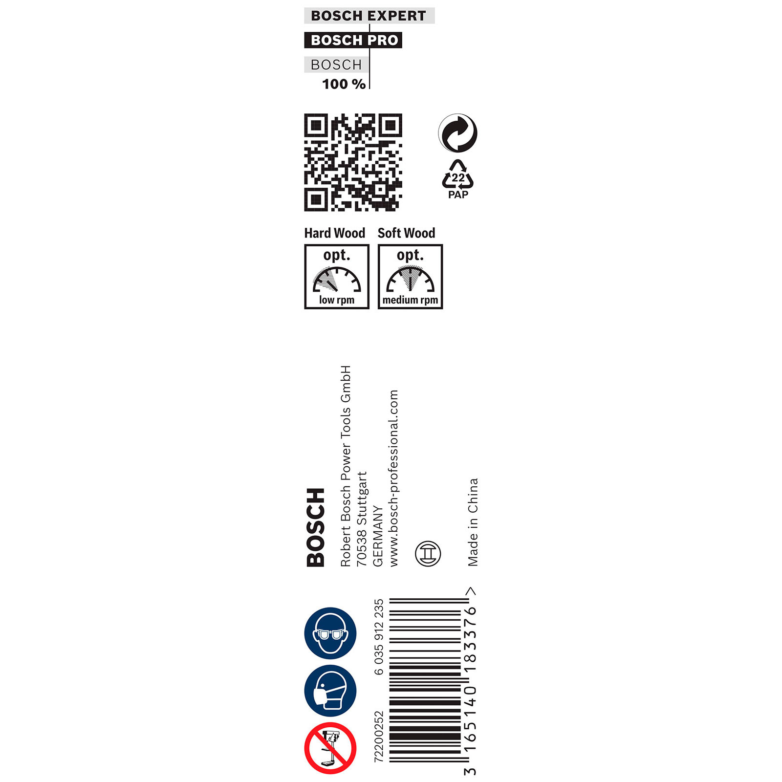 Ein Etikett mit Bosch-Branding, QR-Code, Recyclingsymbol, Holzeinstellungen, Firmendetails, Barcode und Sicherheitssymbolen.