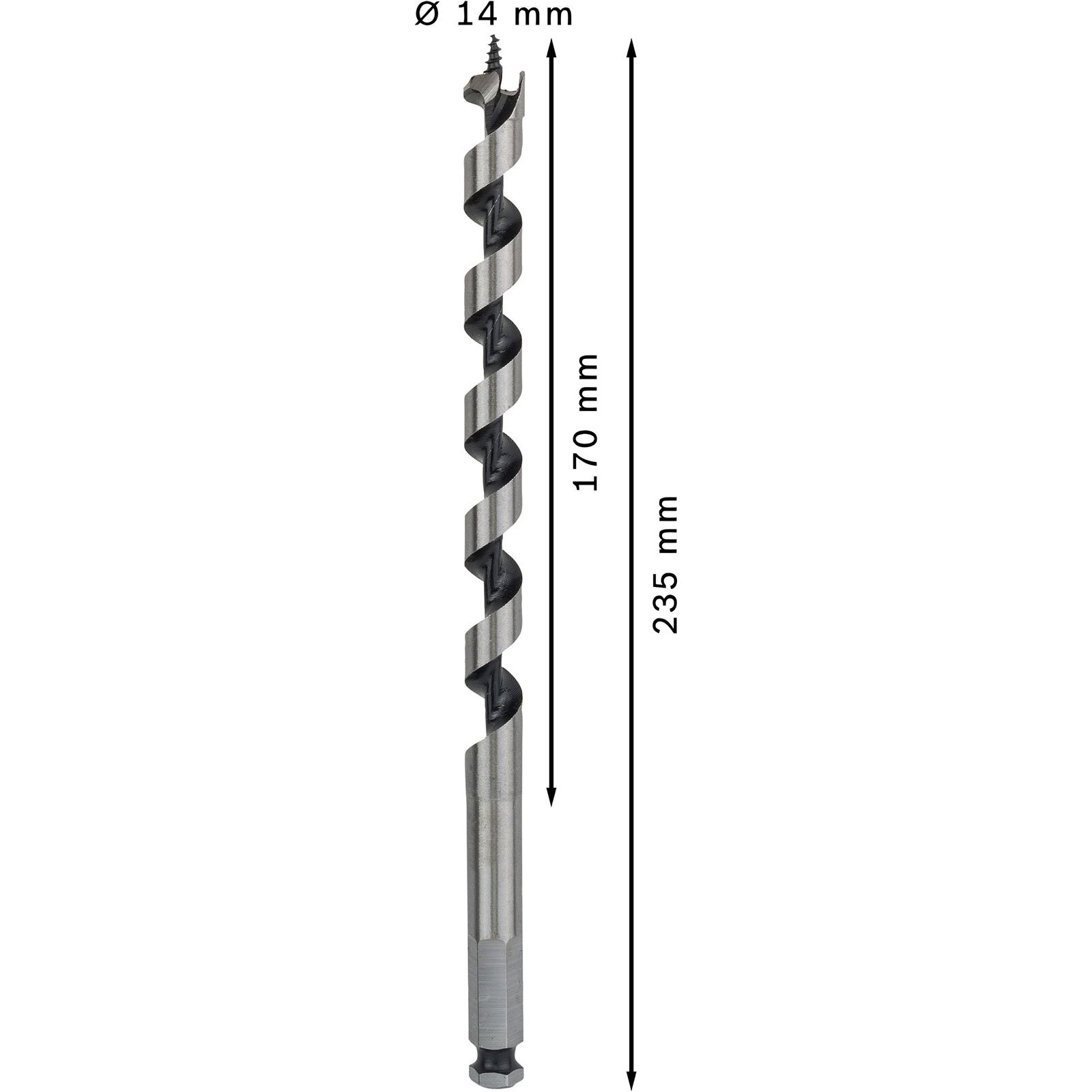 Ein silberner Schlangenbohrer, 14 mm Durchmesser, Gesamtlänge 235 mm, Arbeitslänge 170 mm.