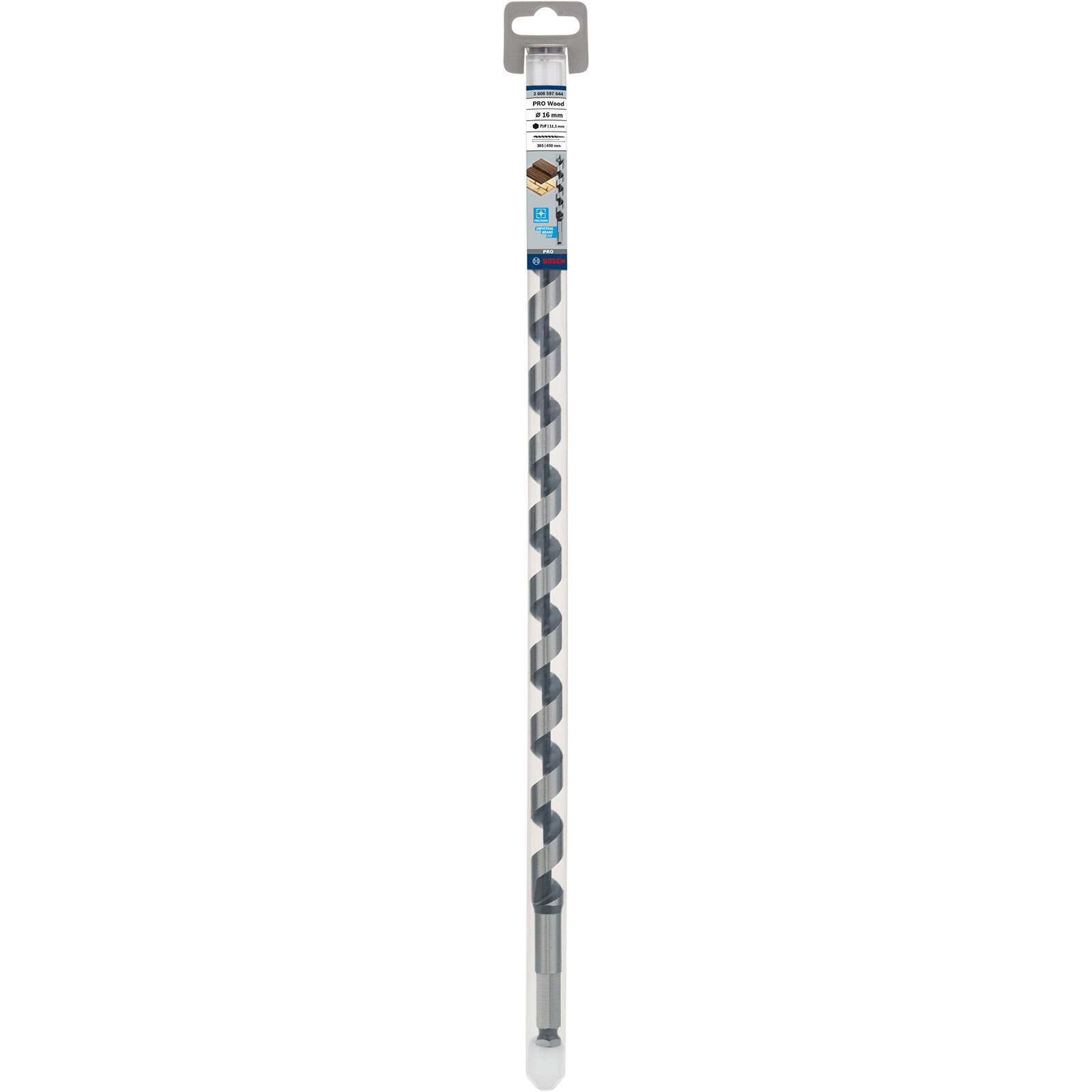 Ein Bosch PRO Wood Bohrer, 16mm Durchmesser und 450mm lang, ist in einer transparenten Plastikverpackung ausgestellt.