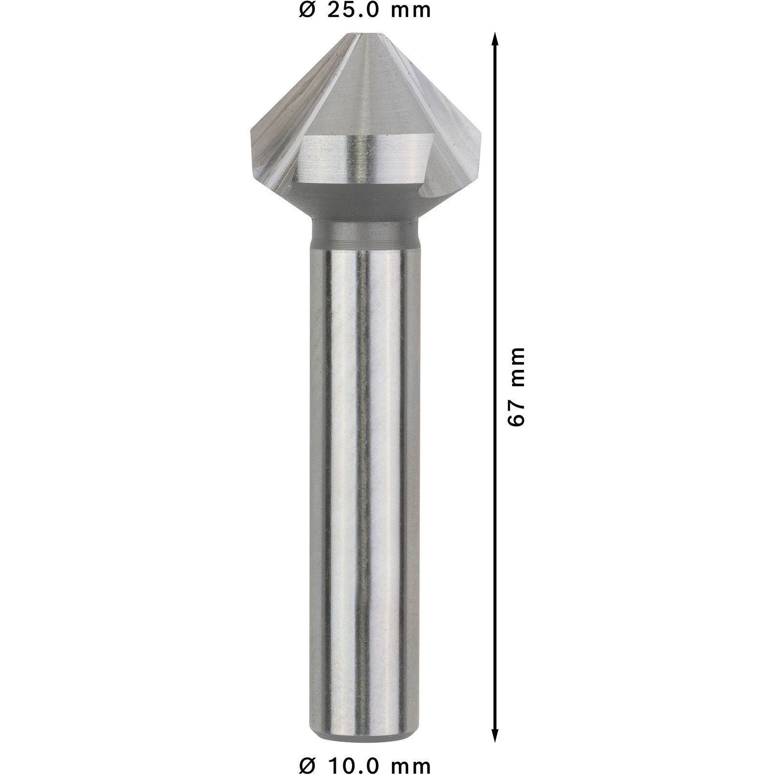 Ein silberner Metall-Kegelsenker mit einem Kopfdurchmesser von 25mm und einem Schaftdurchmesser von 10mm, Gesamtlänge 67mm.