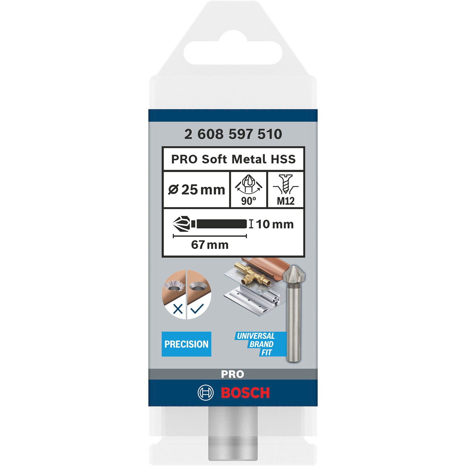 Eine Bosch PRO Soft Metal HSS Bohrerverpackung, weiß und blau, mit Spezifikationen wie 25mm Durchmesser und 67mm Länge.