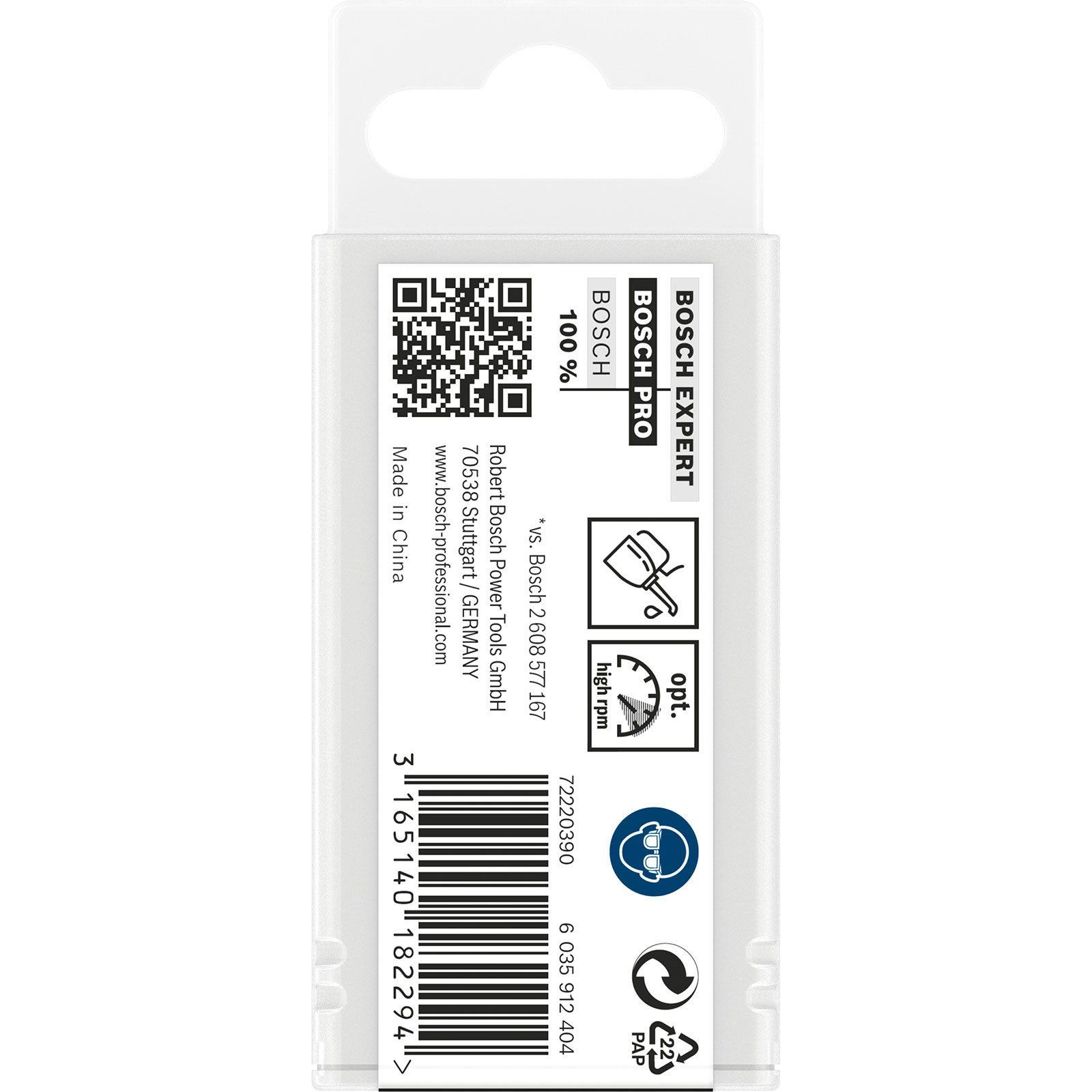 Weiße Bosch-Produktverpackung mit QR-Code, Barcode und Textdetails, einschließlich Herstellungsinformationen und Nutzungssymbolen.
