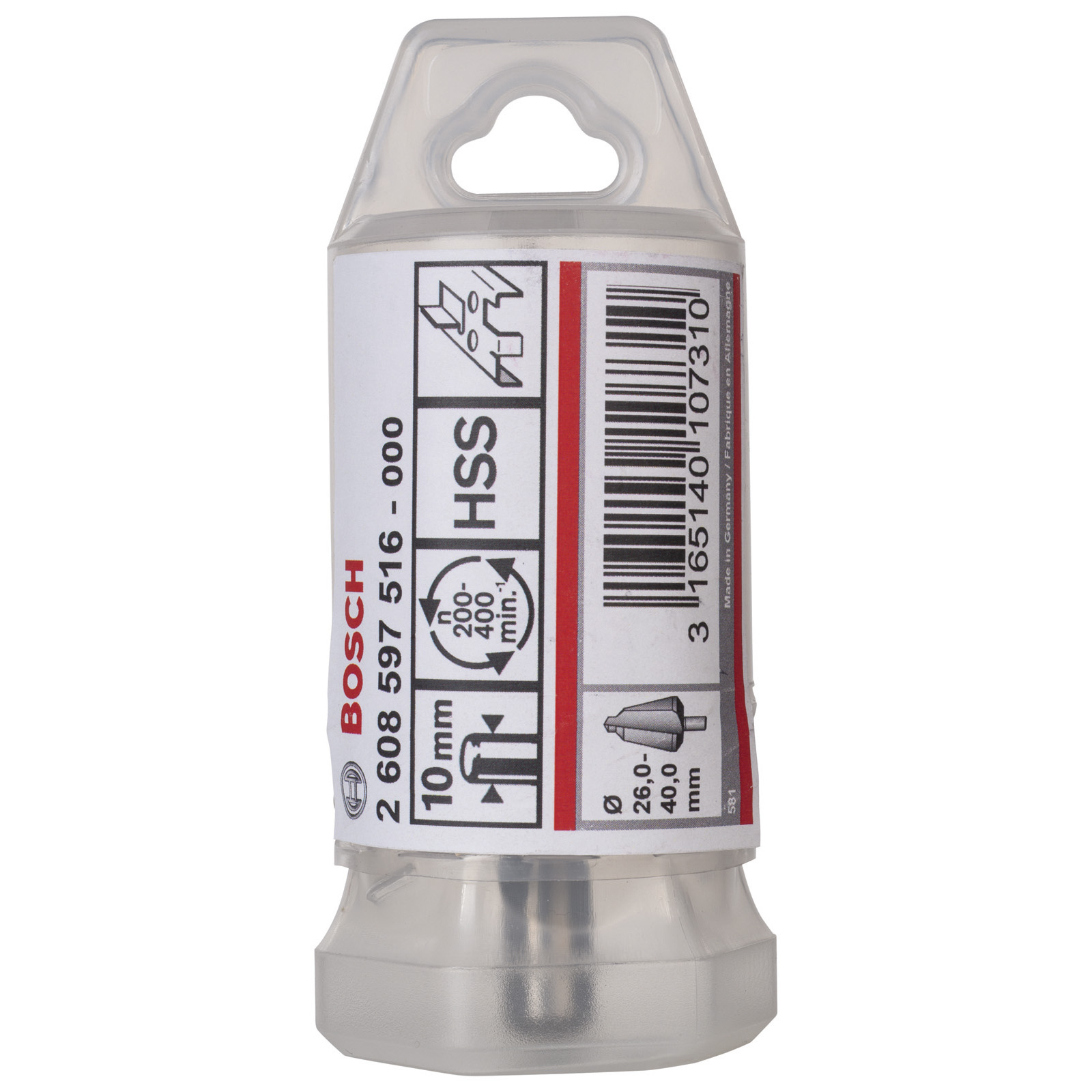 Ein Bosch Bohrer, 10mm, aus HSS-Material, mit einem Drehzahlbereich von 200-400 min-1, in klarer Plastikverpackung.