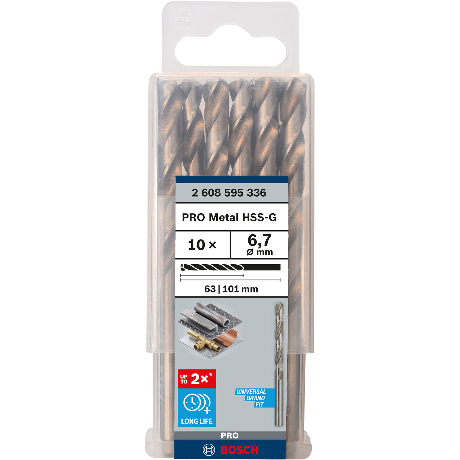 Eine Packung mit zehn 6,7 mm Bosch Pro Metal HSS-G Bohrern, mit Informationen zu ihrer langen Lebensdauer und universellen Passform.