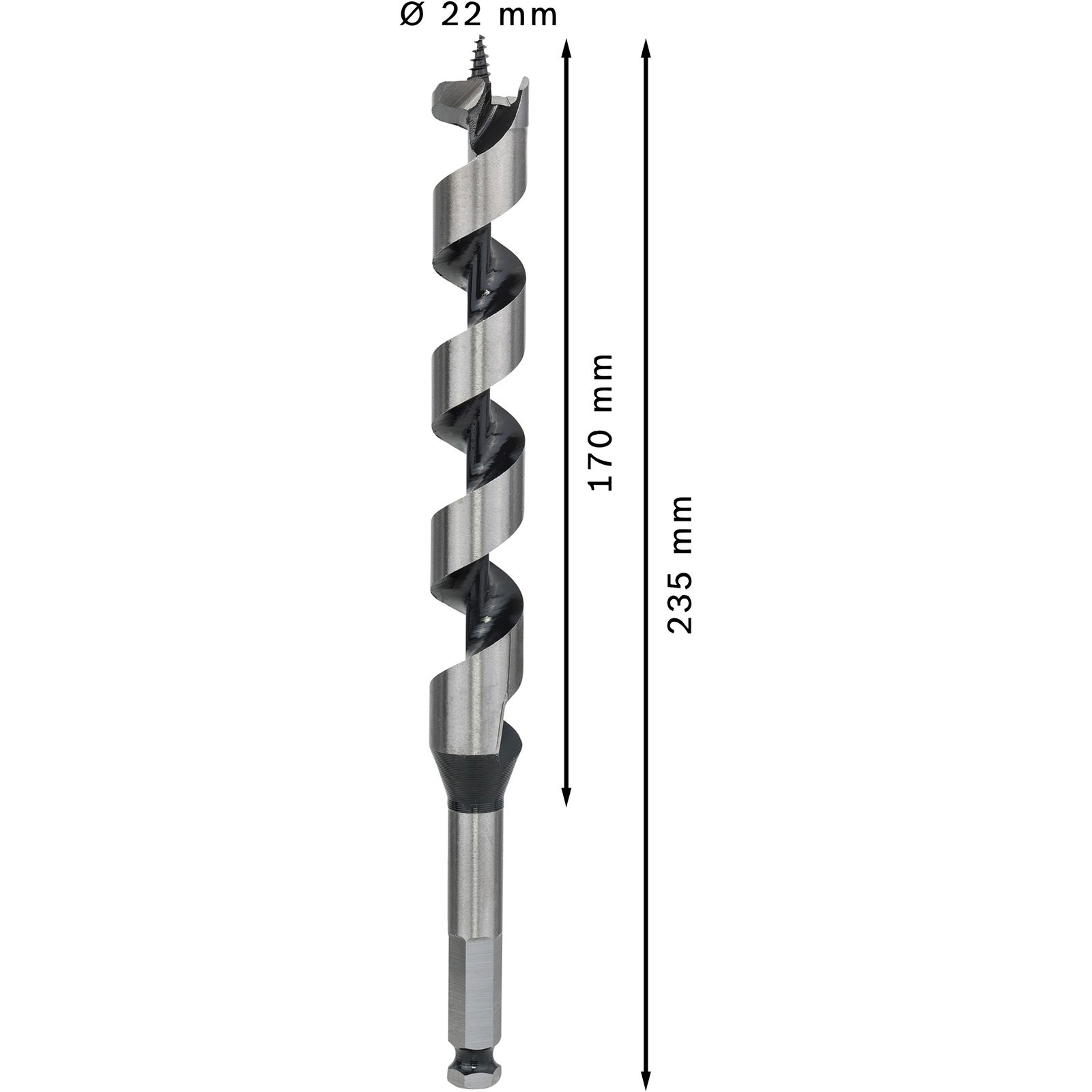 Nahaufnahme eines silbernen Spiralbohrers mit Sechskantschaft, mit Maßangaben für Durchmesser (22mm) und Länge (170mm, 235mm).