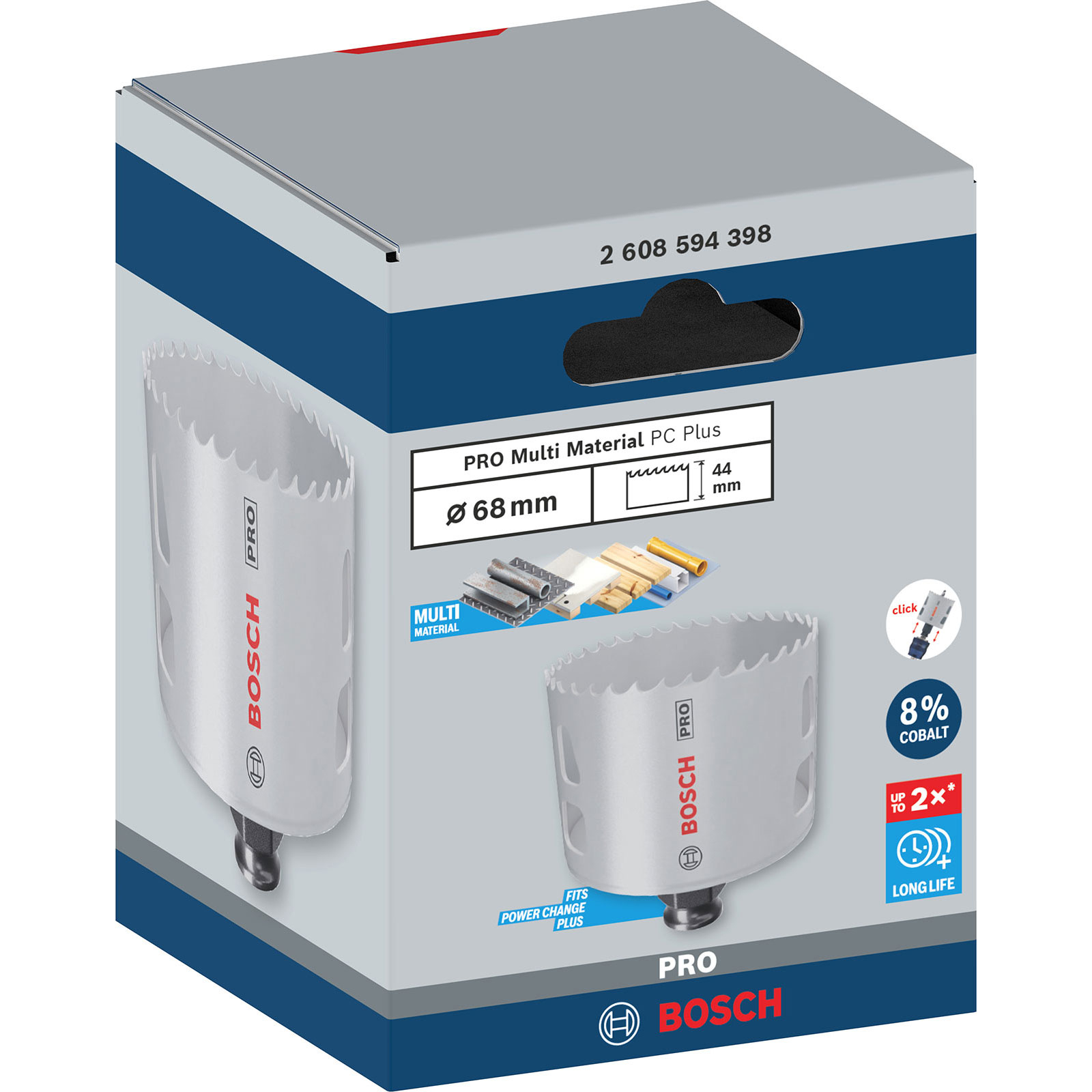 Bosch PRO Multi Material PC Plus 68mm Lochsägenverpackung mit Produktdetails und Multi-Material-Kompatibilität.