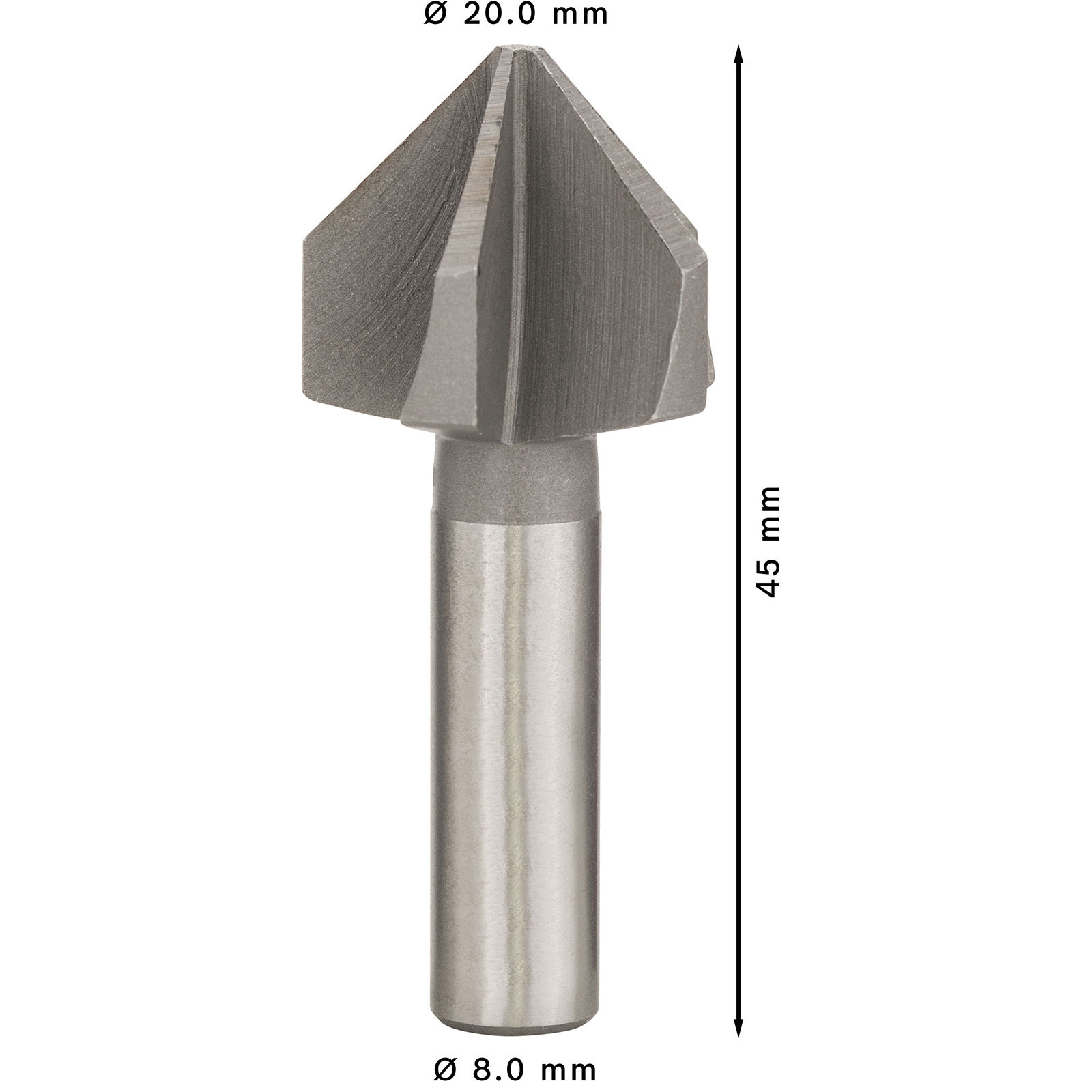 Ein grauer Metallfräser mit einem spitzen, mehrrilligen Schneidkopf und einem zylindrischen Schaft. Die Abmessungen sind 20 mm Kopf, 8 mm Schaft, 45 mm Gesamtlänge.