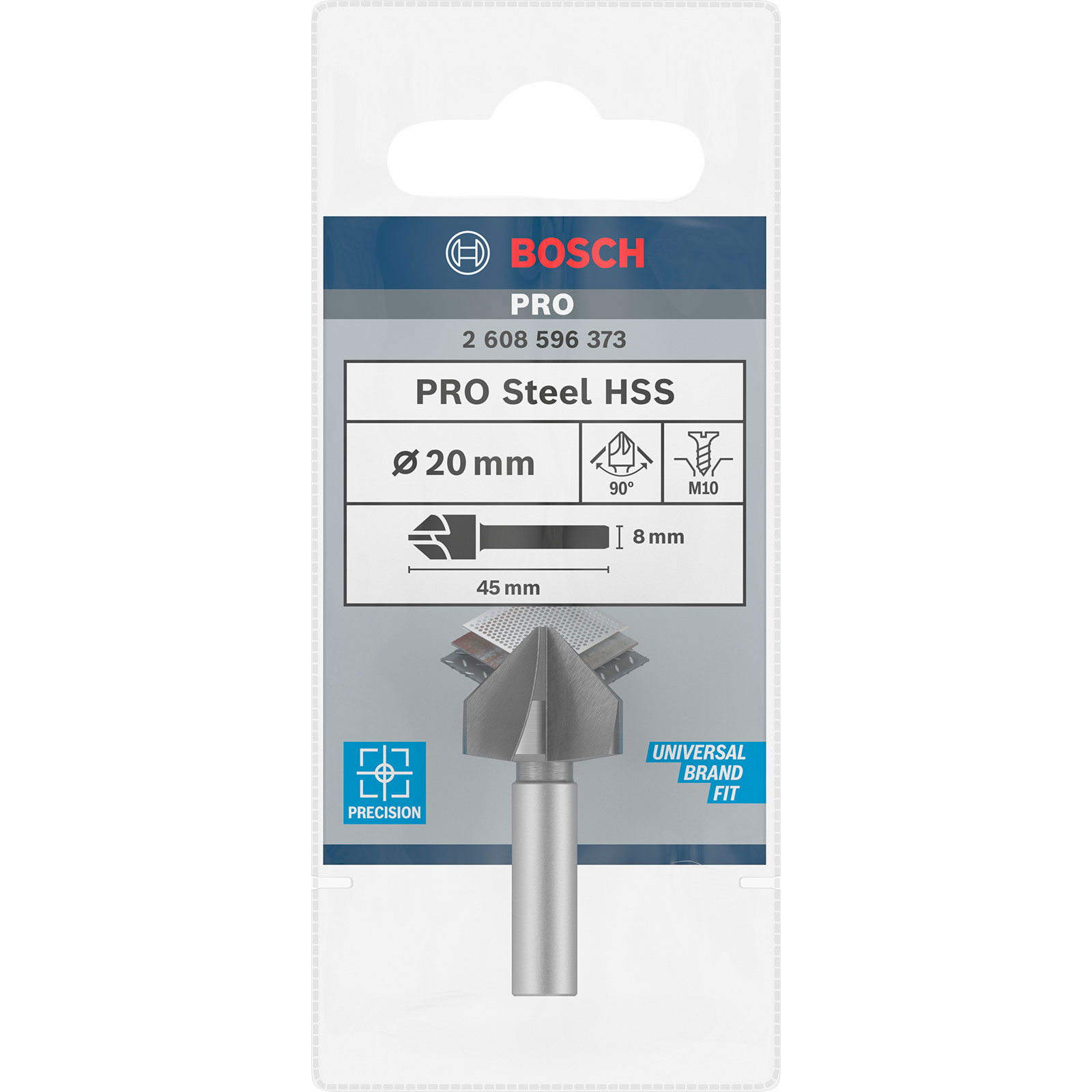 Ein Bosch PRO Steel HSS Bohrer, 20mm Durchmesser, 45mm Länge, in klarer Verpackung mit Branding und Spezifikationen.