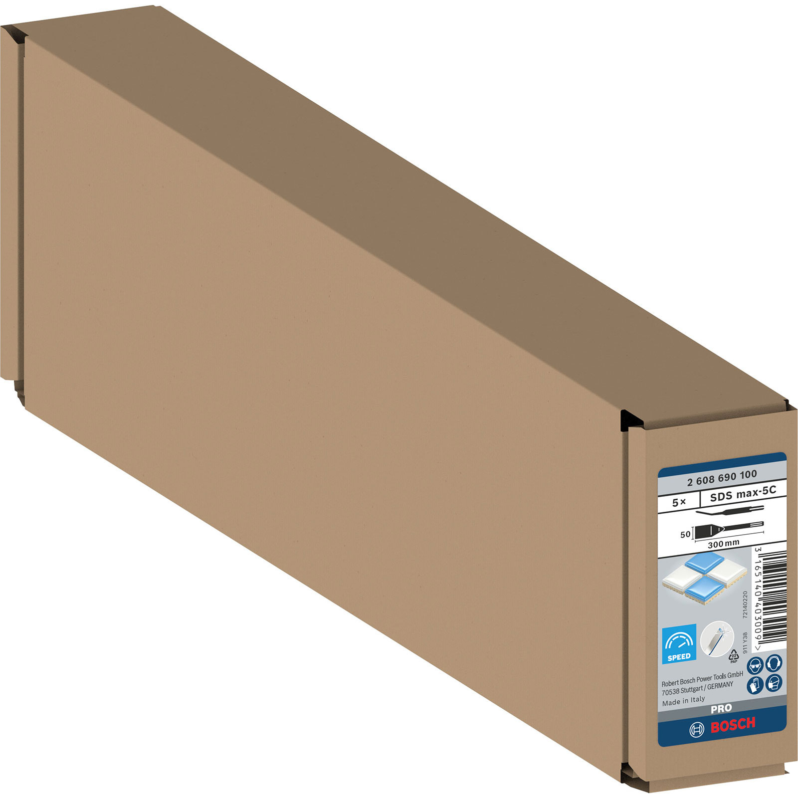 Ein brauner Karton für Bosch SDS max-5C Bohrer, schräg gestellt, mit Produktdetails und Markenlogo auf der Stirnseite.