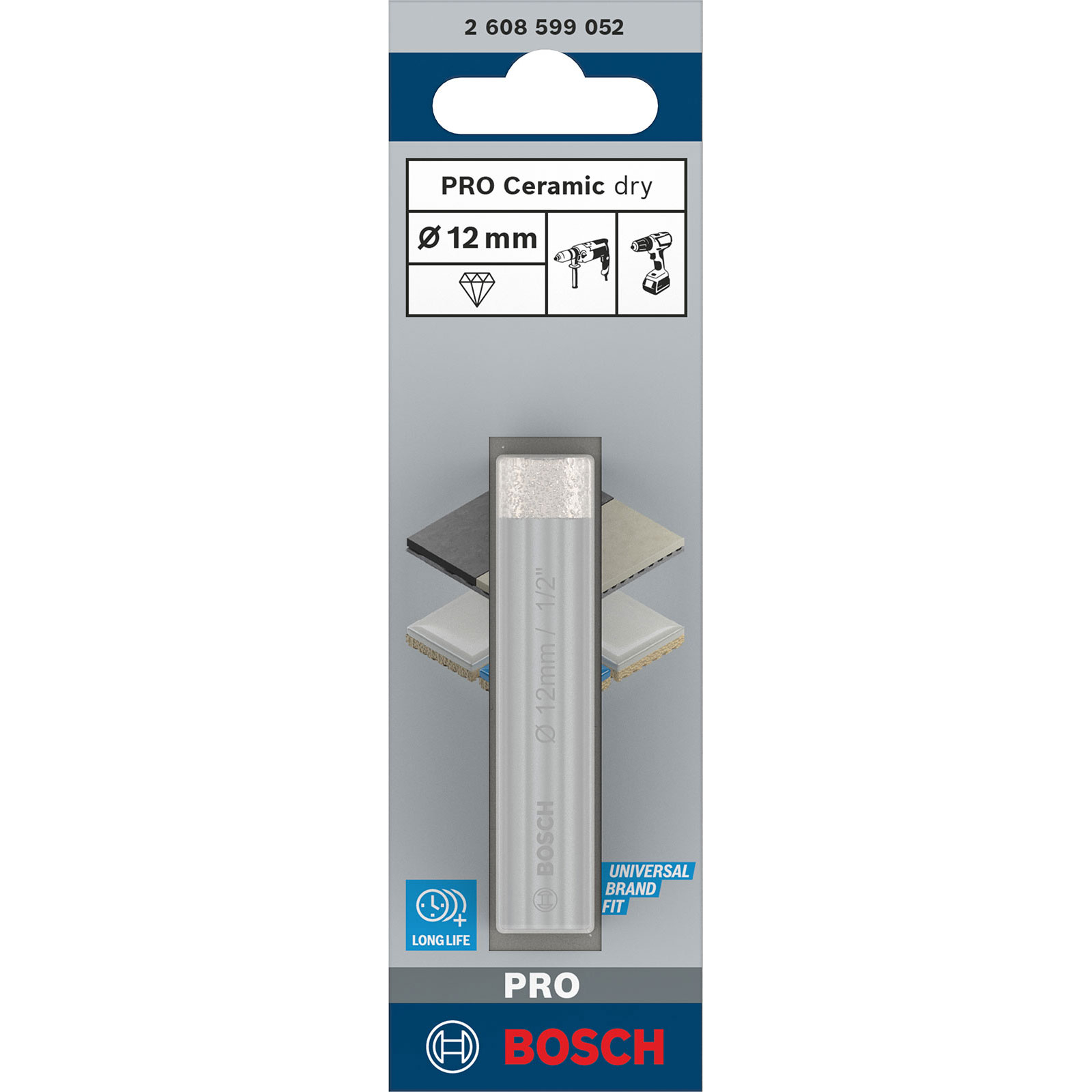Bosch Pro Ceramic Trockenbohrer-Verpackung, 12 mm Durchmesser, auf weißem Hintergrund mit Produktdetails und Branding.