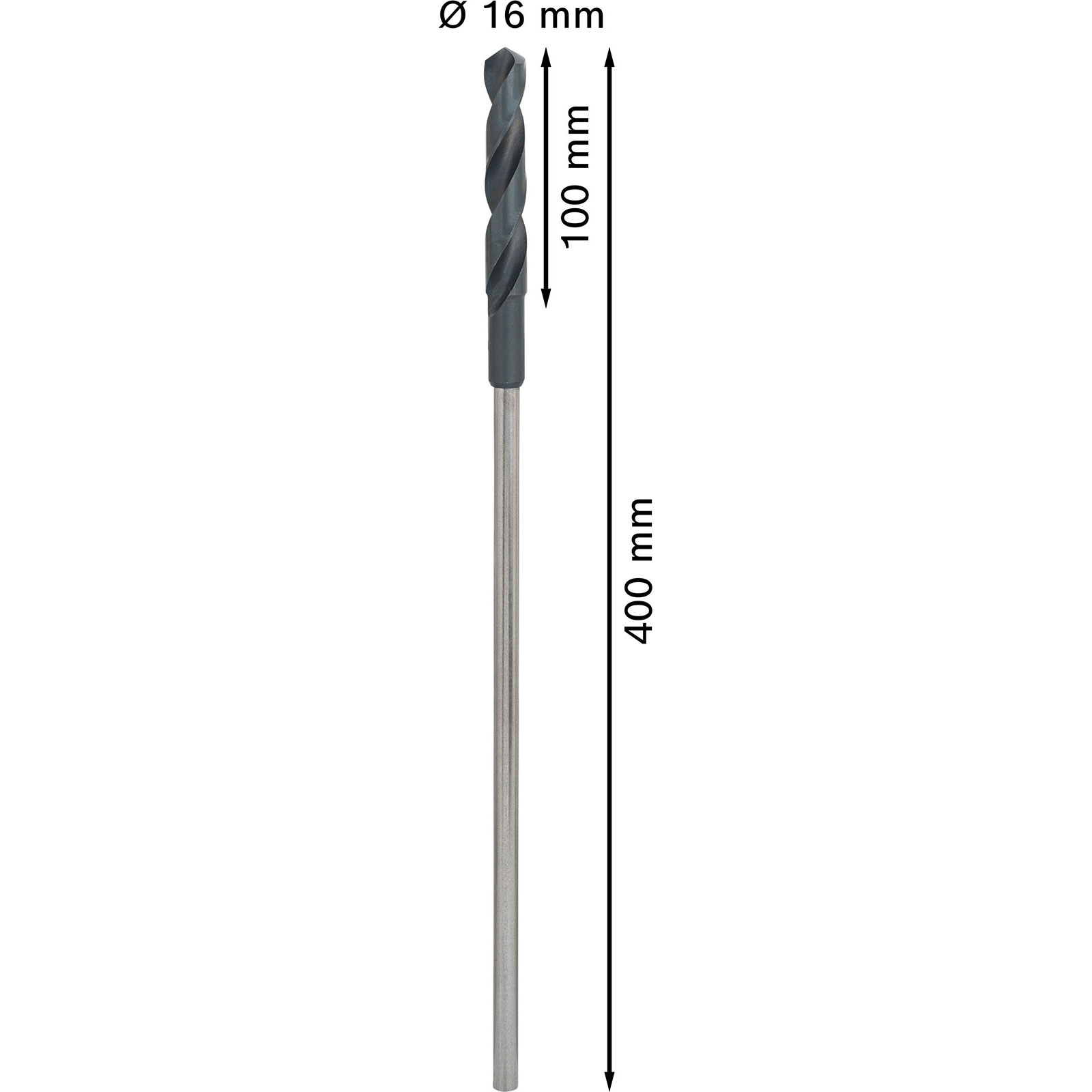 Ein grauer Bohrer, 16 mm Durchmesser und 400 mm lang, mit 100 mm langer Spannut, vertikal dargestellt.