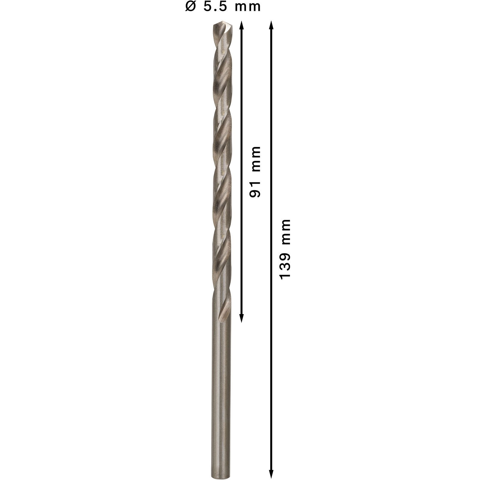Nahaufnahme eines silbernen Bohrers mit 5,5 mm Durchmesser, 91 mm Arbeitslänge und 139 mm Gesamtlänge.