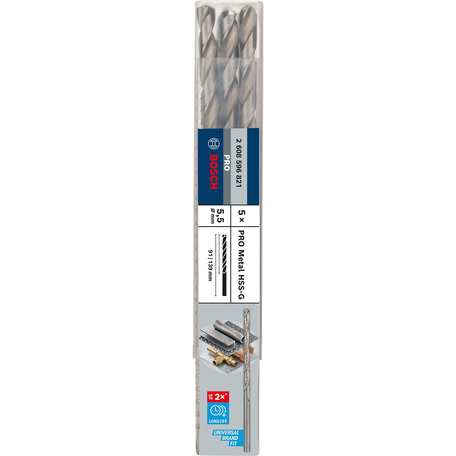 Bosch Pro Metal HSS-G Bohrer-Set, 5 Stück, 5,5 mm Durchmesser, in klarer Kunststoffverpackung.