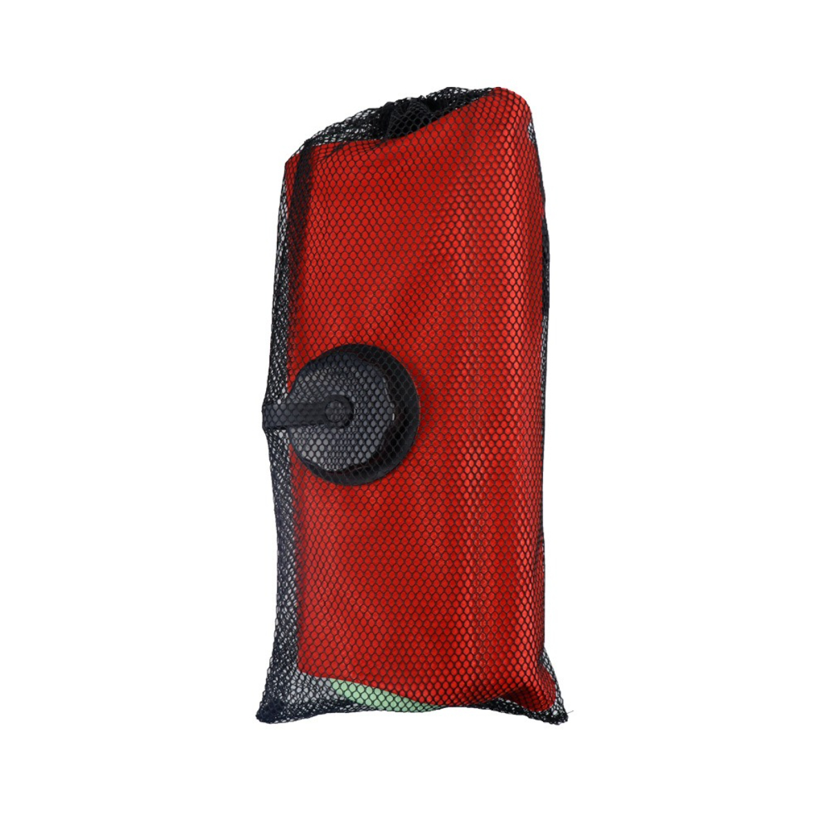 Ein rotes rechteckiges Objekt, möglicherweise ein aufblasbares Kissen, ist in einem schwarzen Netzbeutel mit Saugnapf verpackt.