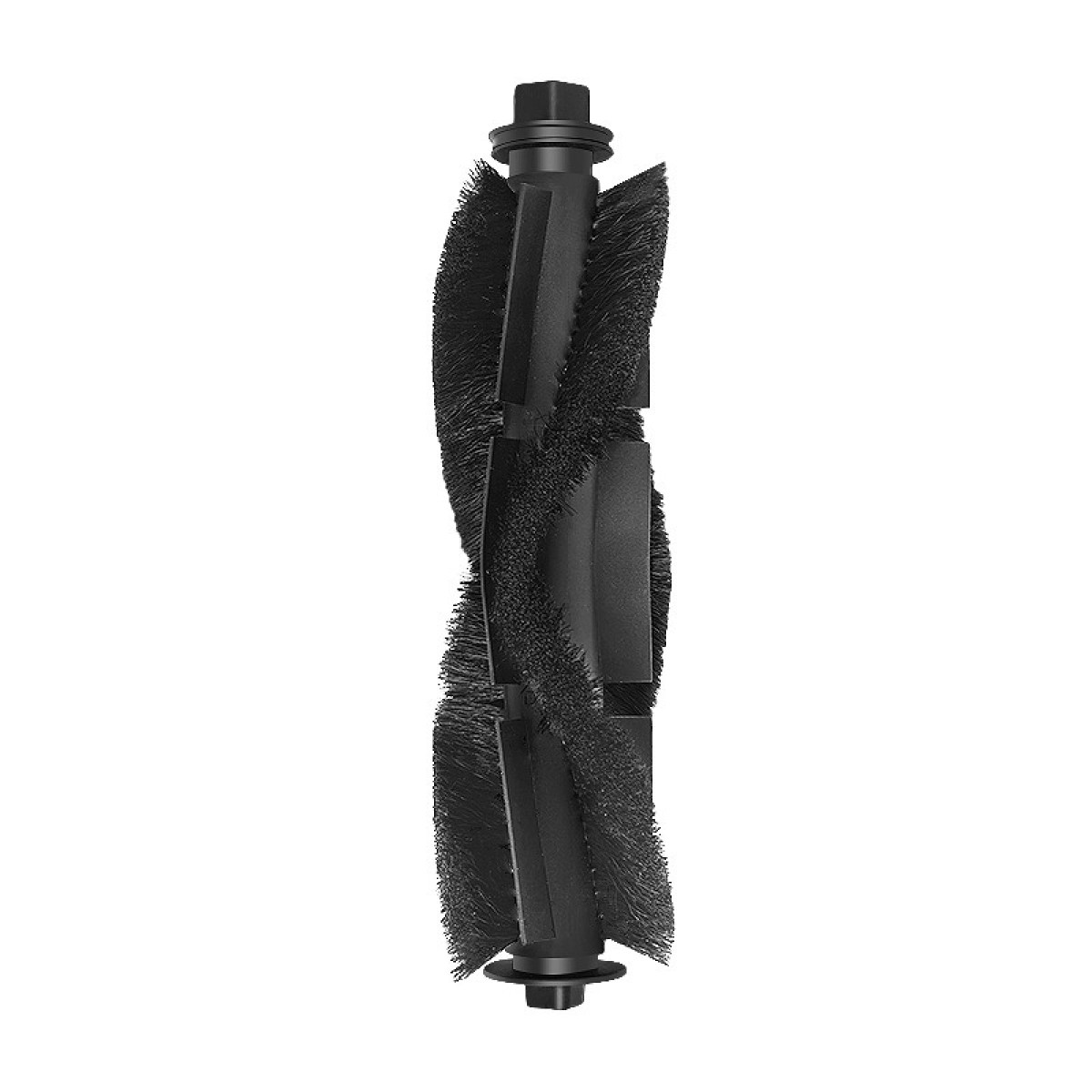 Eine schwarze Bürstenrolle eines Roboterstaubsaugers ist vertikal auf weißem Hintergrund abgebildet und zeigt spiralförmige Borsten.