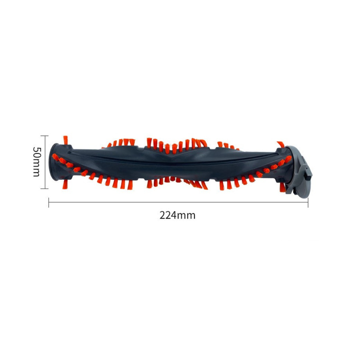Eine dunkelgraue Staubsaugerbürste mit orangefarbenen Borsten ist horizontal abgebildet, mit den Maßen 224 mm Länge und 50 mm Höhe.
