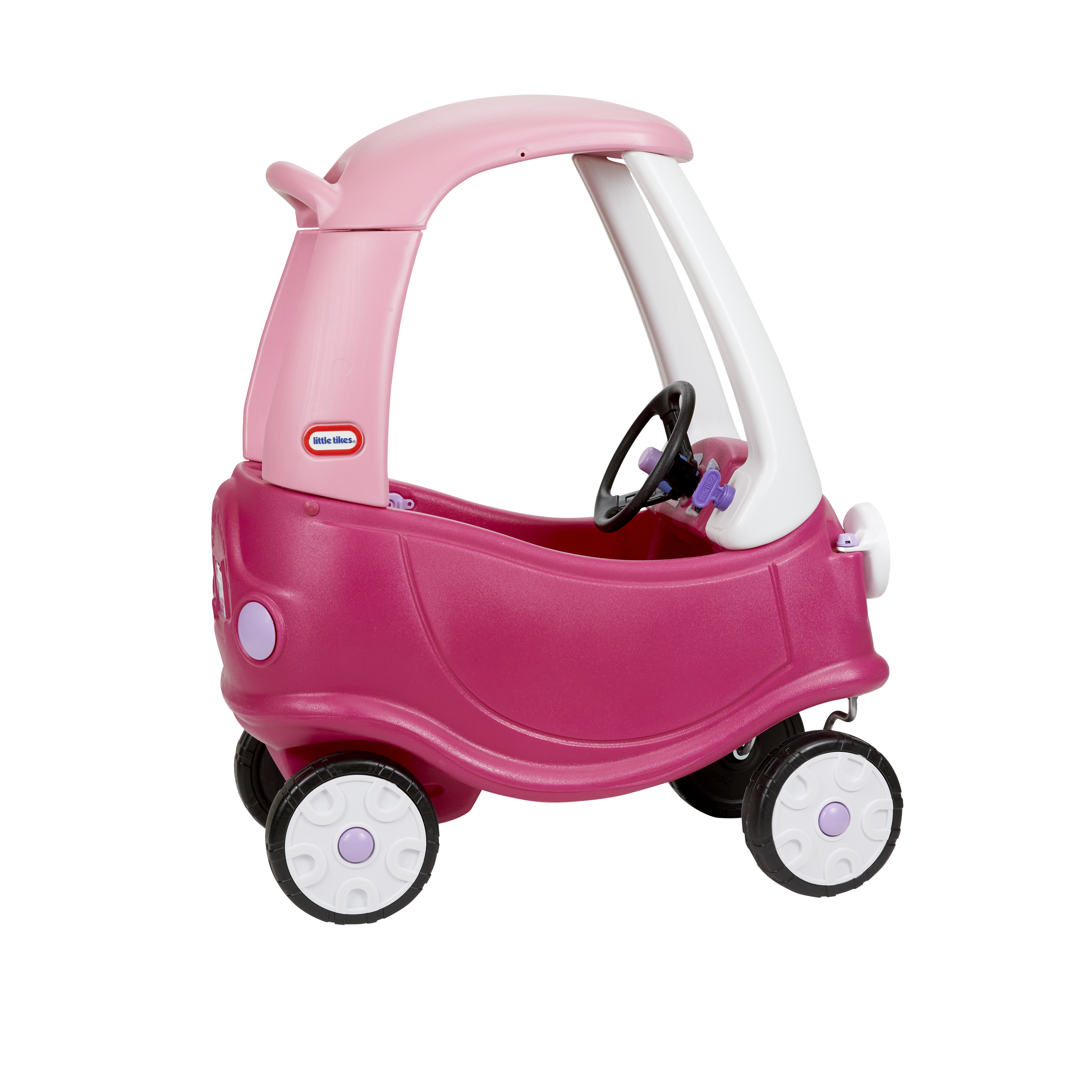 Un'auto giocattolo rosa e viola con supporti del tetto bianchi e ruote nere con centri bianchi e viola, vista di lato.