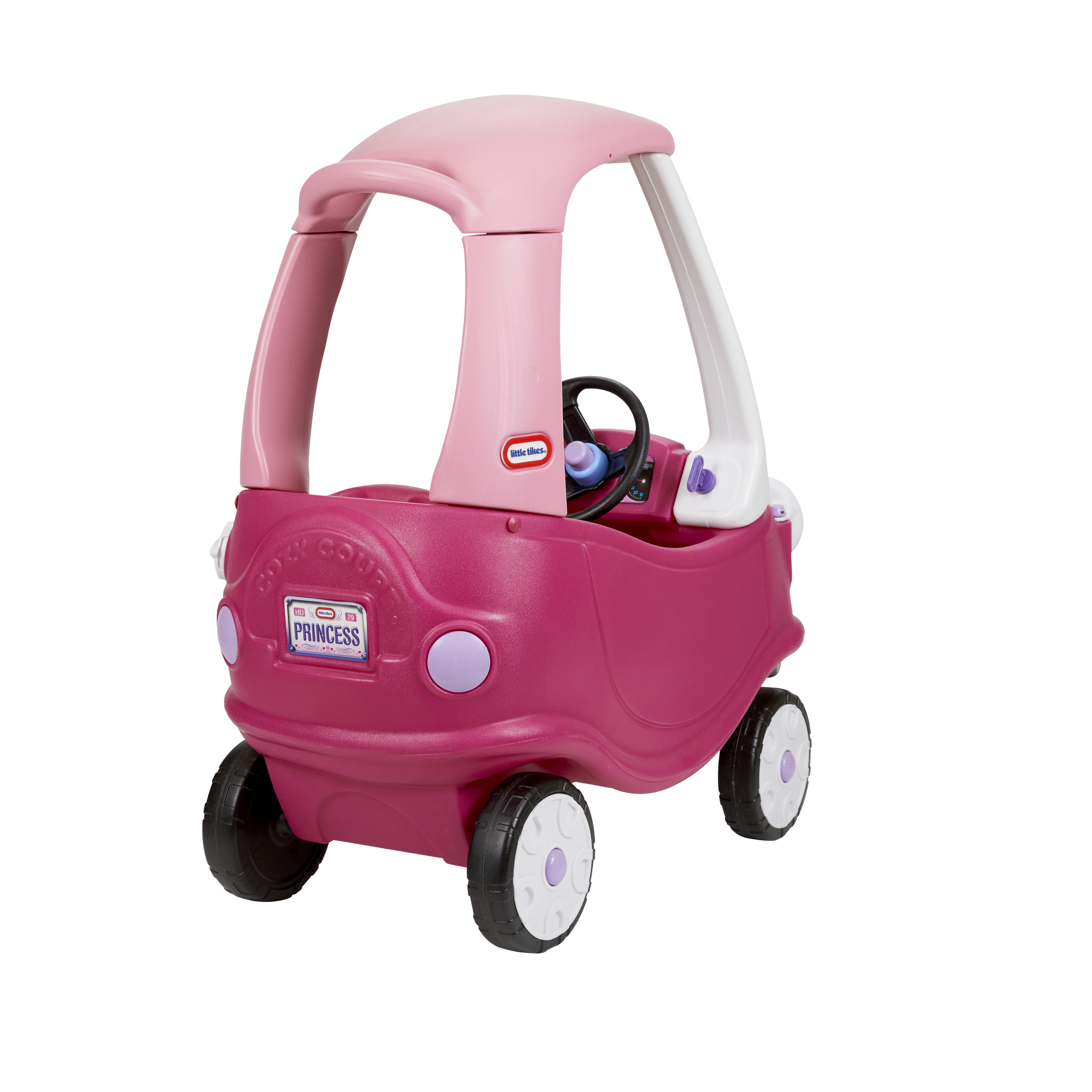 Un'auto cavalcabile rosa Little Tikes "Princess" con volante e targa.