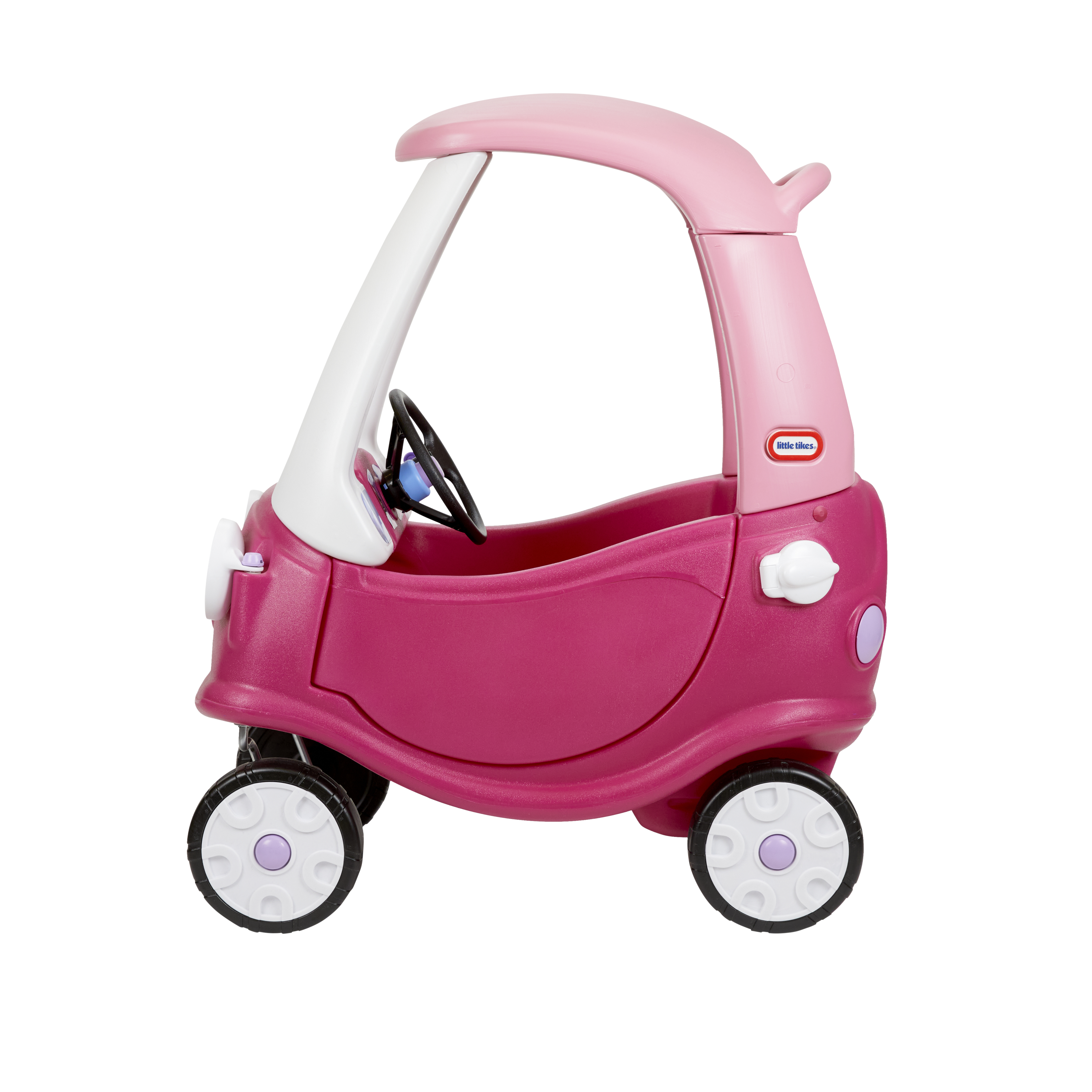 Auto giocattolo Little Tikes Cozy Coupe rosa e bianca con volante nero, dettagli viola e ruote bianche.