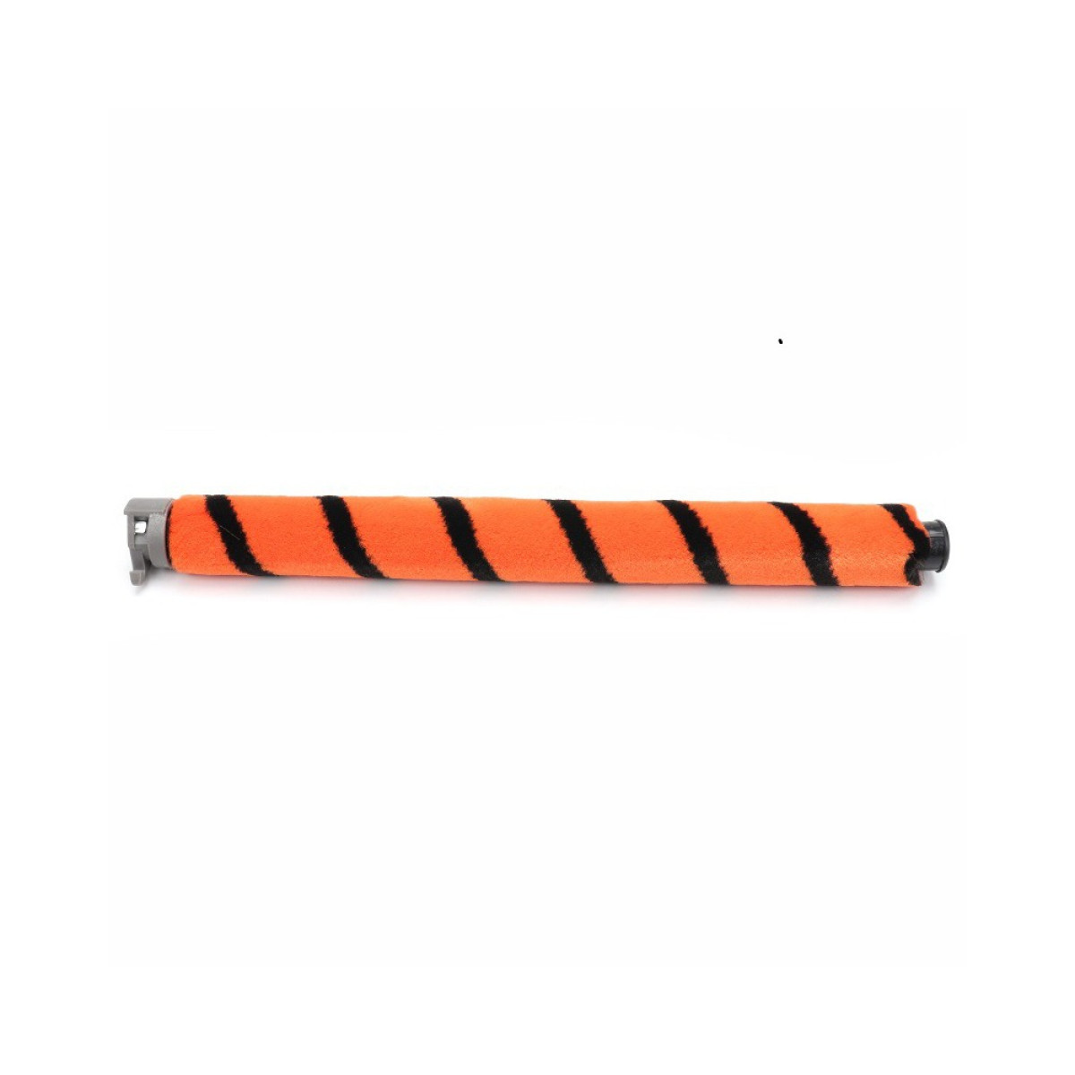 Eine Staubsaugerbürstenrolle ist orange mit schwarzen diagonalen Streifen und hat eine graue Endkappe auf der linken Seite.