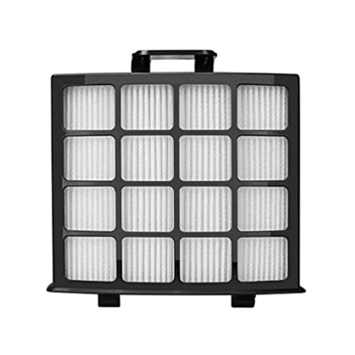 Ein schwarzer rechteckiger Staubsaugerfilter mit 16 weißen plissierten Quadraten, angeordnet in 4 Reihen und 4 Spalten.