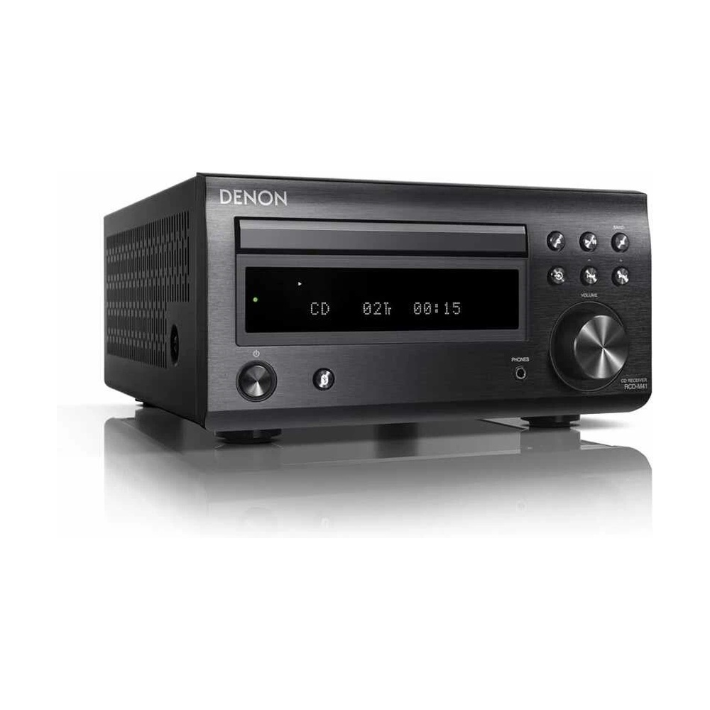 Gümüş kadranlı ve ekranlı siyah Denon CD alıcısı.
