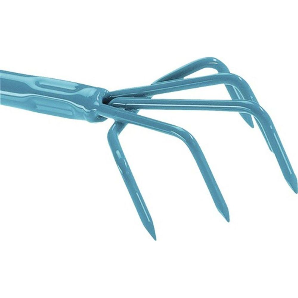 Ein blauer Handrechen mit vier Zinken auf weißem Hintergrund.