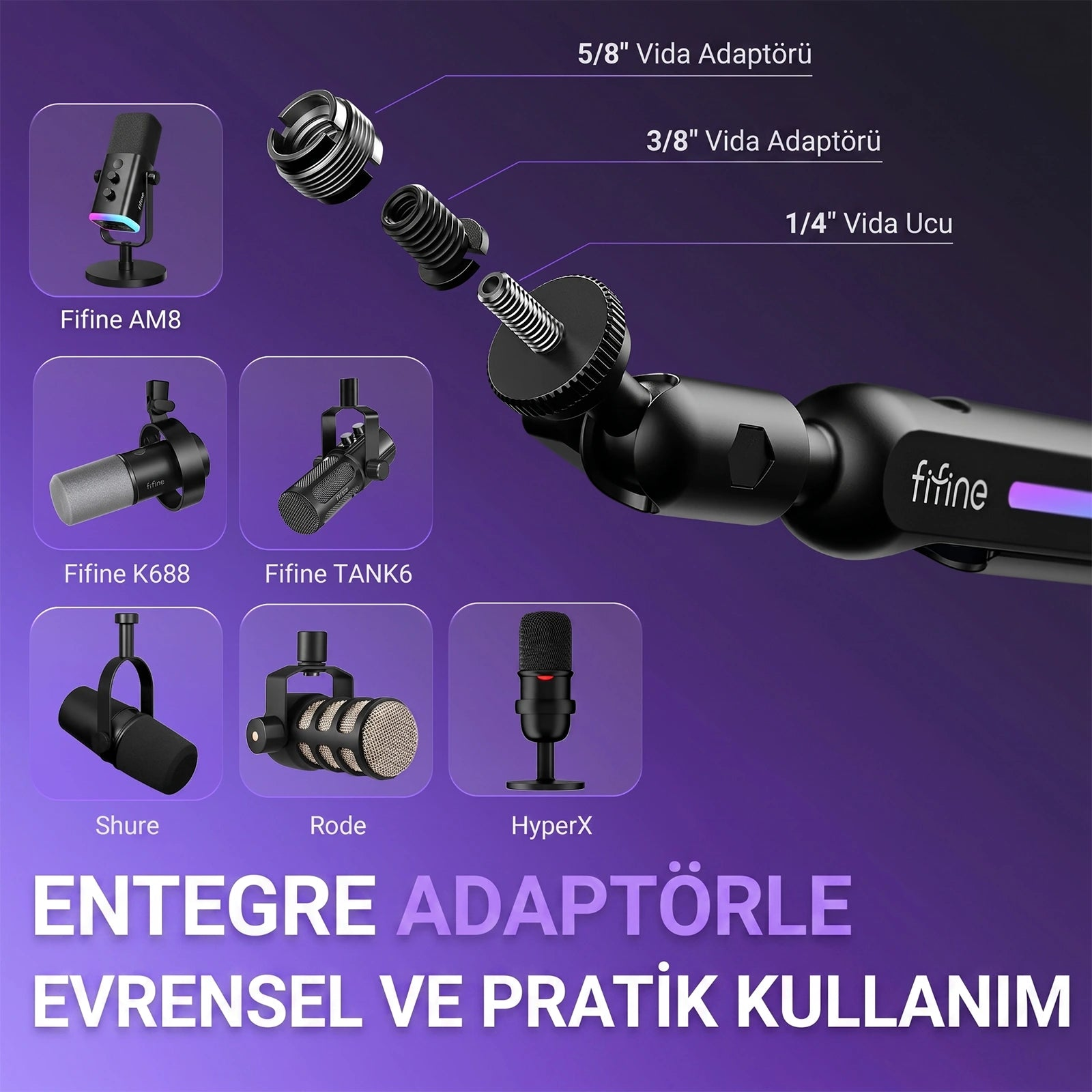 Mor bir arka plan üzerinde çeşitli adaptörler ve farklı mikrofon modelleriyle siyah bir mikrofon kolu.