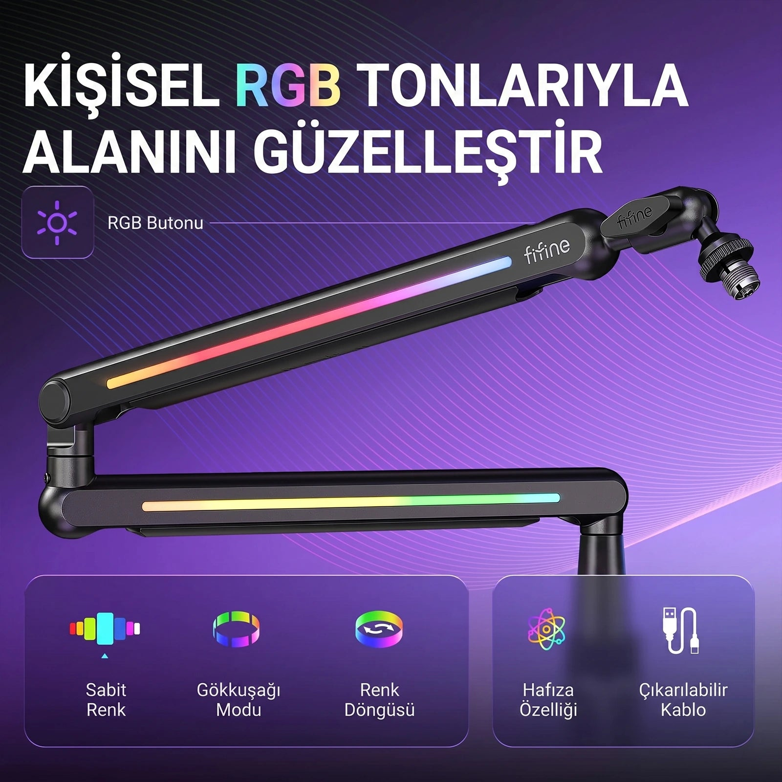 Kırmızı, pembe, mavi ve sarı RGB aydınlatmalı siyah mikrofon kolu.