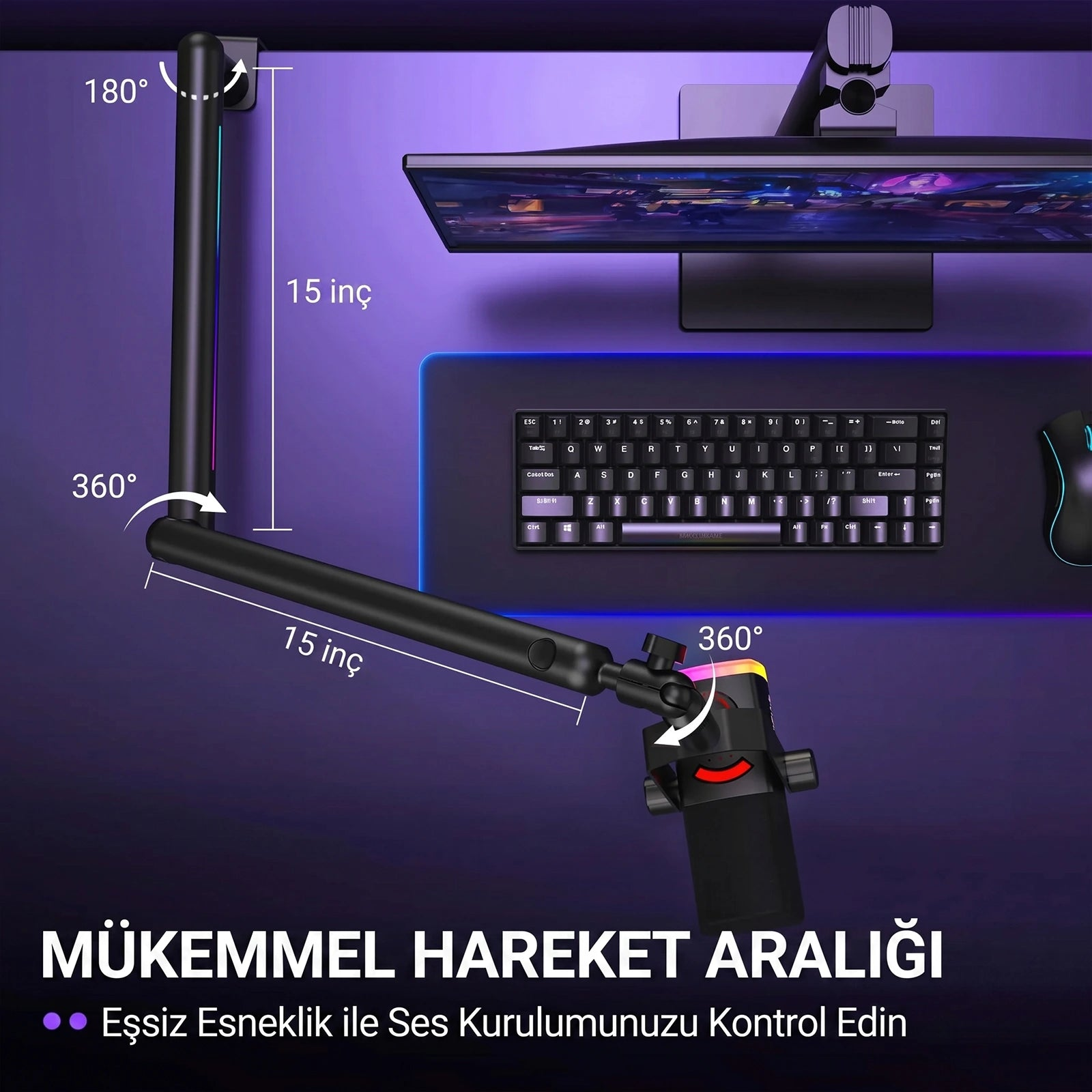 RGB aydınlatmalı mikrofon kolu, 360° dönebilir, monitör ve klavye ile.