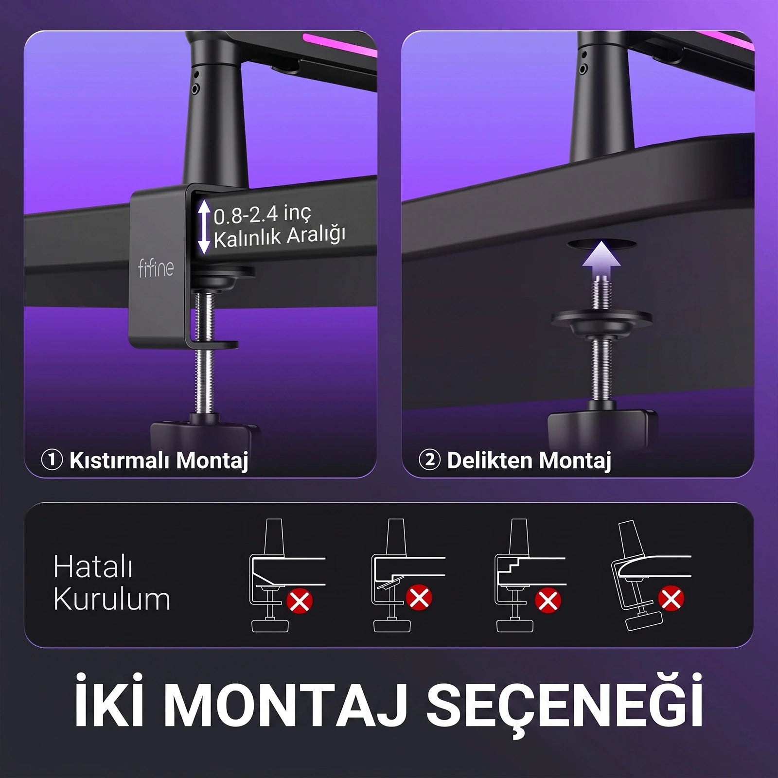 İki montaj seçeneği gösteriliyor: kelepçe ve delik. Hatalı kurulumlar kırmızı X ile işaretlenmiş.