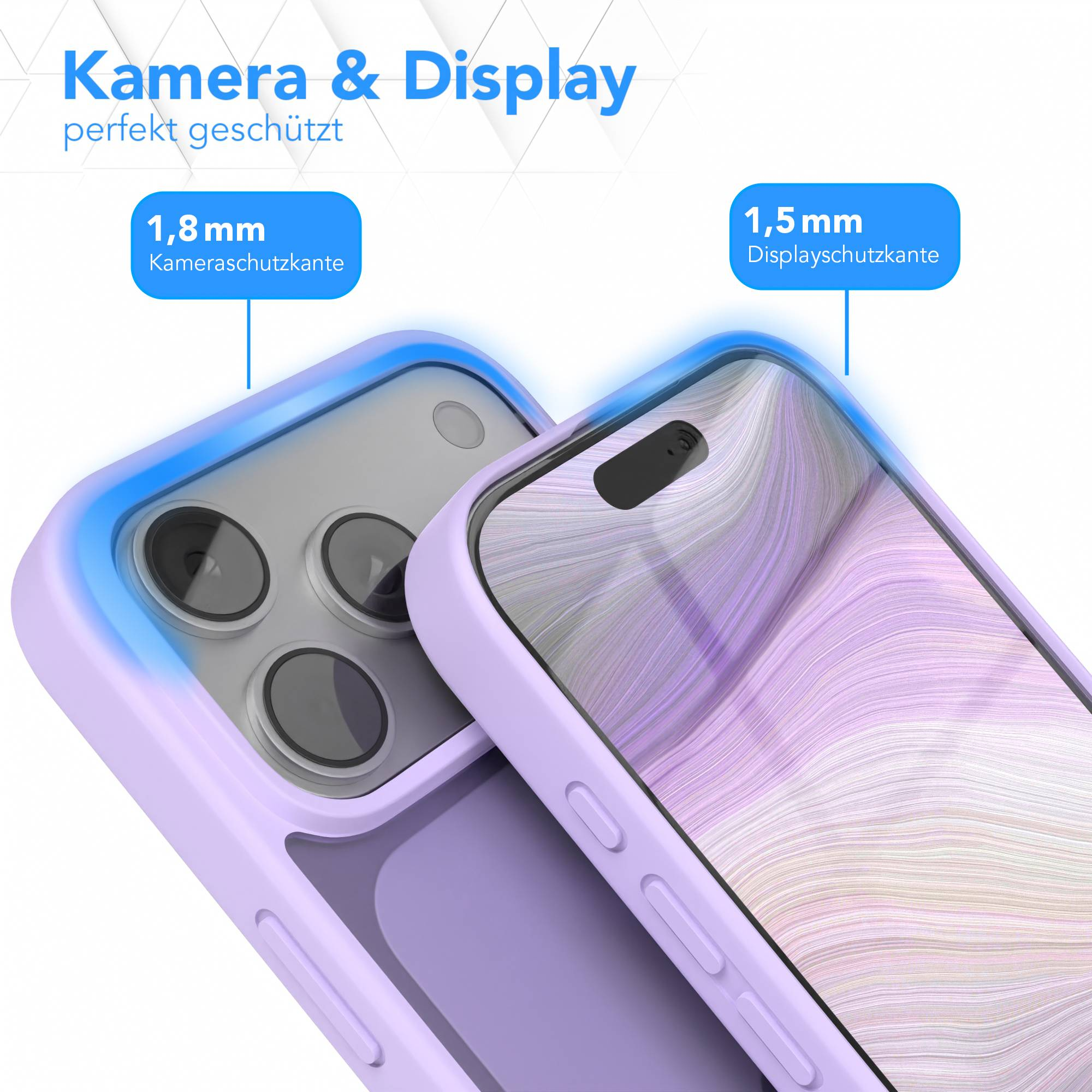 Eine lila Handyhülle schützt Kamera und Bildschirm eines Smartphones, hervorgehoben durch blau leuchtende Kanten und Maße.