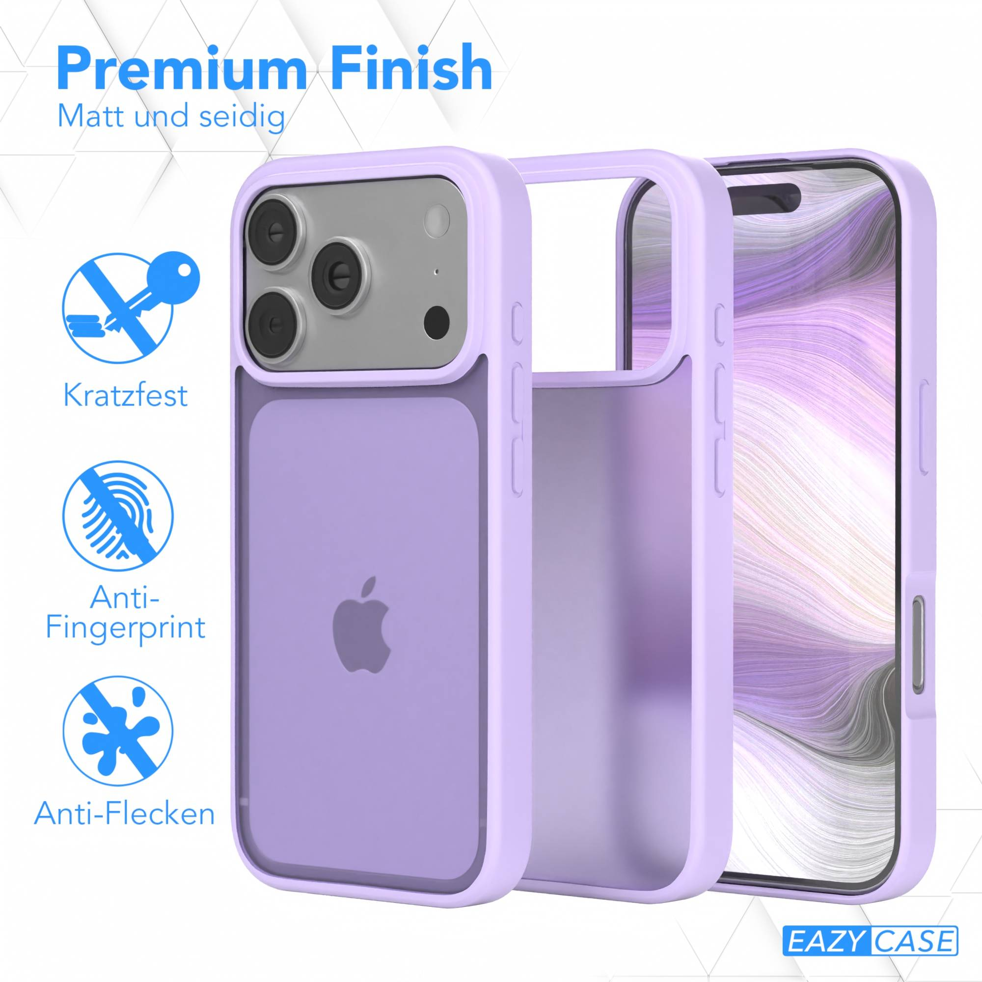 Eine lila iPhone-Hülle, aus drei Blickwinkeln gezeigt, hebt ihre kratzfeste, Anti-Fingerabdruck- und Anti-Flecken-Eigenschaften hervor.