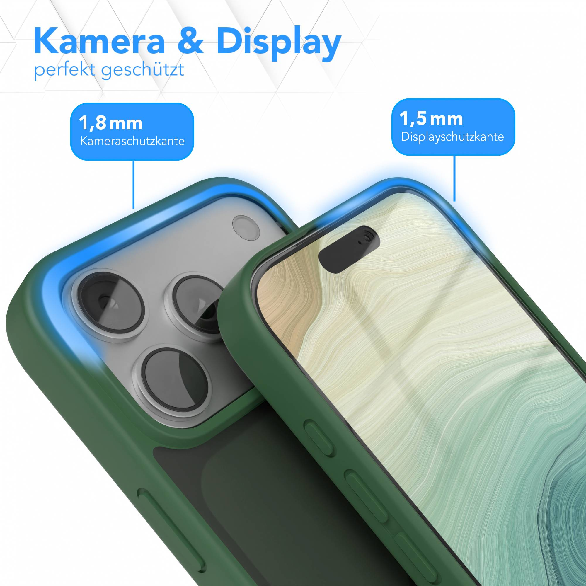 Eine grüne Handyhülle mit blau leuchtenden Rändern schützt Kamera und Bildschirm, angezeigt durch 1,8 mm und 1,5 mm Beschriftungen.