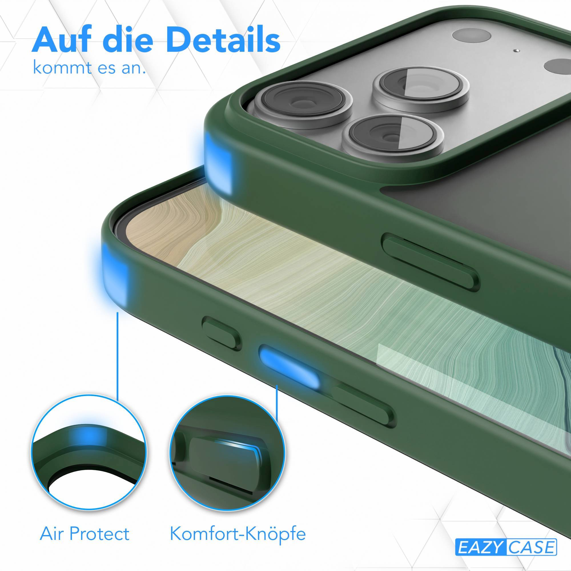 Eine grüne Handyhülle mit leuchtend blauen Tasten, die Luftschutz- und Komfortfunktionen zeigt. Text: „Auf die Details kommt es an.“