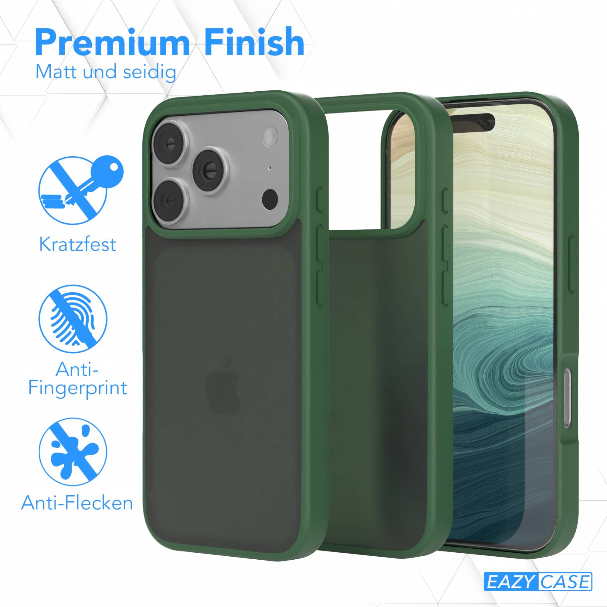 Eine grüne, matte Handyhülle mit kratzfesten, Anti-Fingerabdruck- und Anti-Flecken-Eigenschaften, zusammen mit einem Telefon.