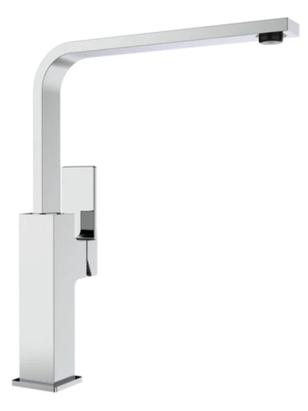 Kare tabanlı ve uzun, düz, yatay çıkışlı modern, minimalist, krom kaplama bir mutfak musluğu.