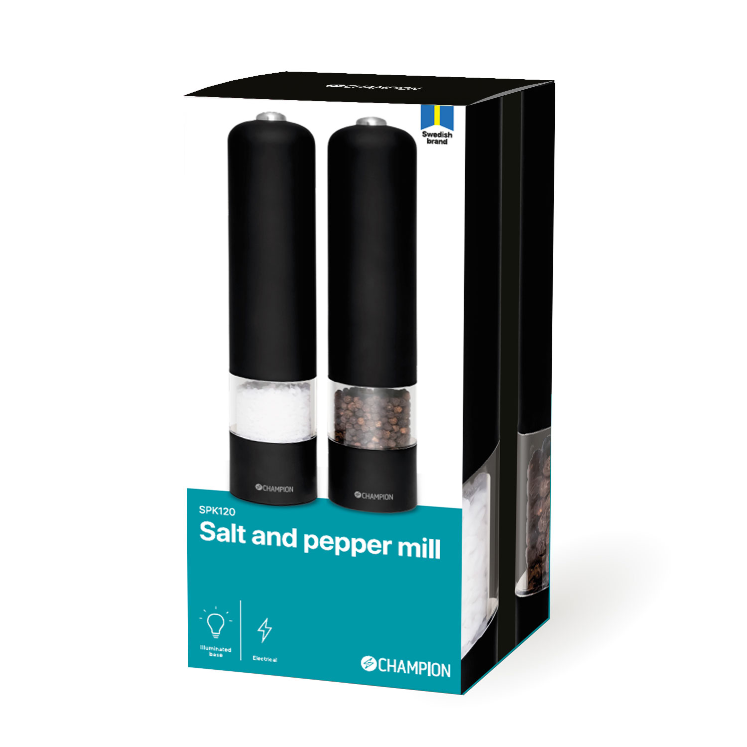 Ein Champion Salz- und Pfeffermühlen-Set in seiner Verpackung. Zwei schwarze Mühlen, eine mit Salz, eine mit Pfeffer, sind sichtbar.
