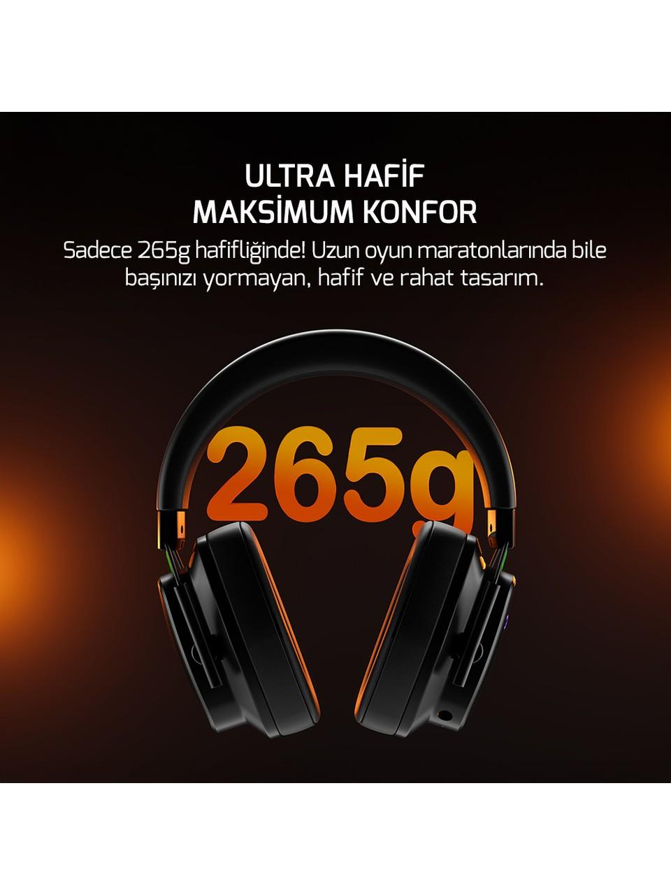 265g ağırlığında, turuncu detaylı siyah kulaklık.