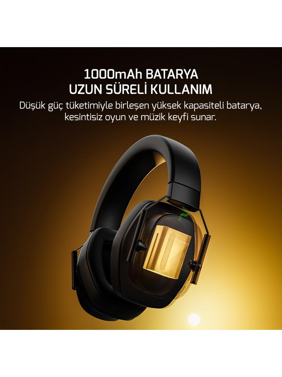 Kulaklıklarda altın vurgulara sahip siyah bir kulaklık, 1000mAh pil ve uzun kullanım hakkında metin içeriyor.