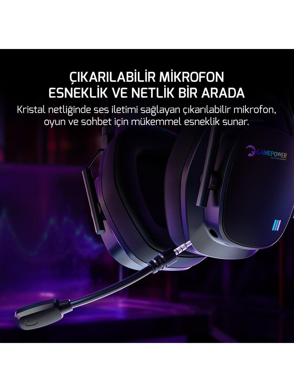 Beyaz metinli mor bir arka plan üzerinde çıkarılabilir mikrofonlu siyah bir oyuncu kulaklığı gösteriliyor.