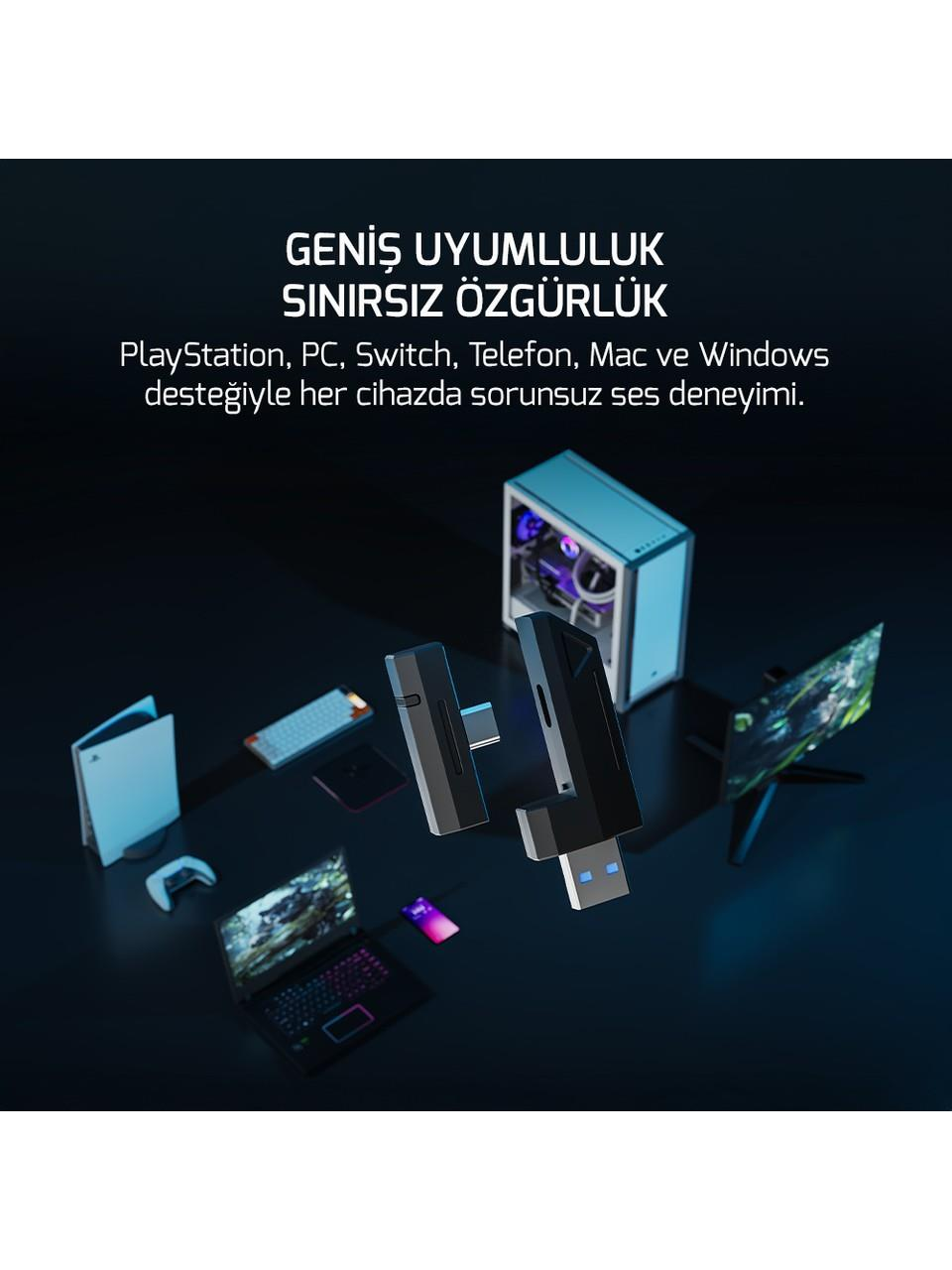 USB bağlantılı dongle, laptop, konsol, monitör ve klavye.