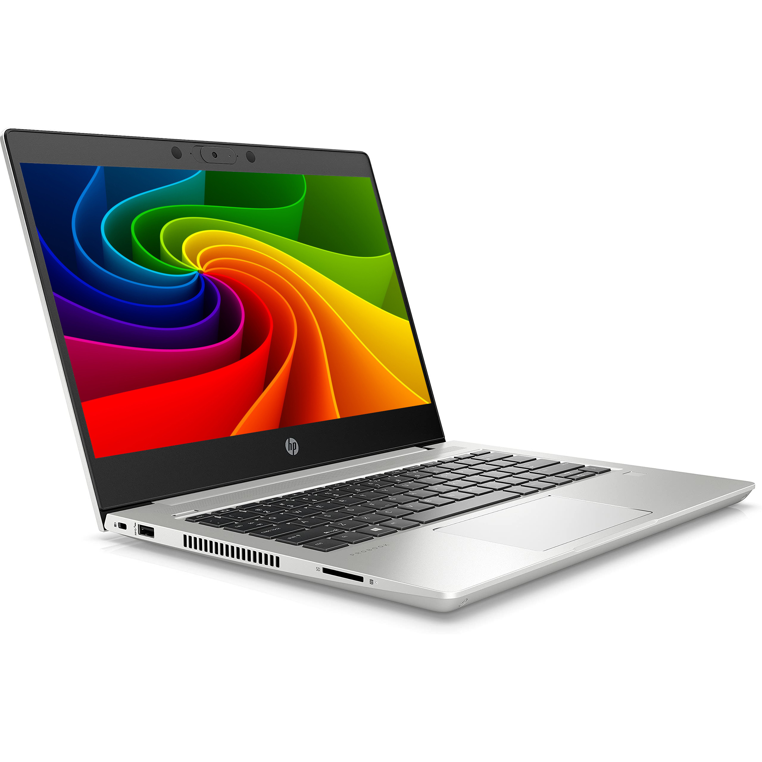 Ein silberner HP Laptop mit einem abstrakten Regenbogenmuster auf dem Bildschirm.