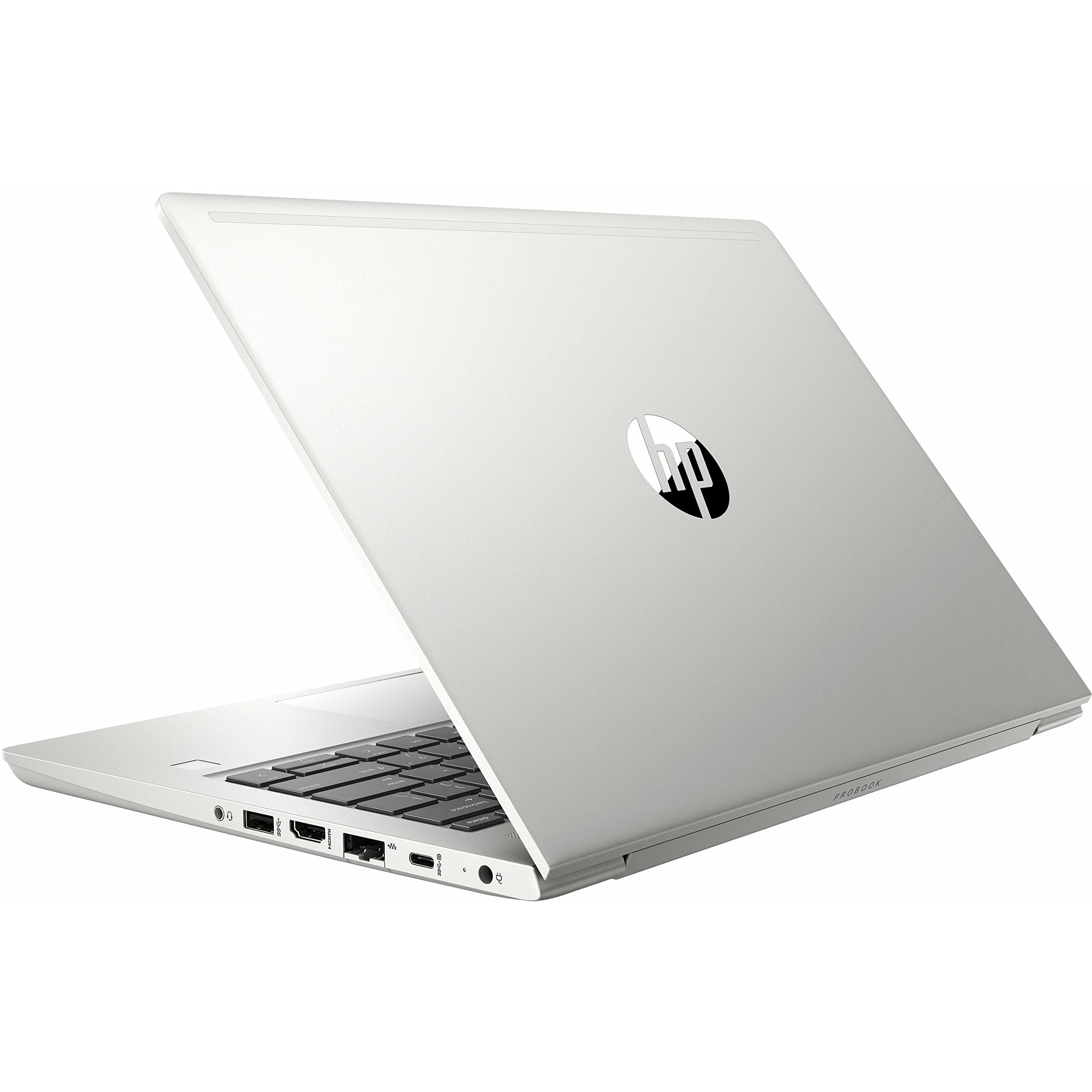 Silberner HP Probook Laptop, ausgestellt mit geöffnetem Deckel und Blick auf die Tastatur und Anschlüsse.