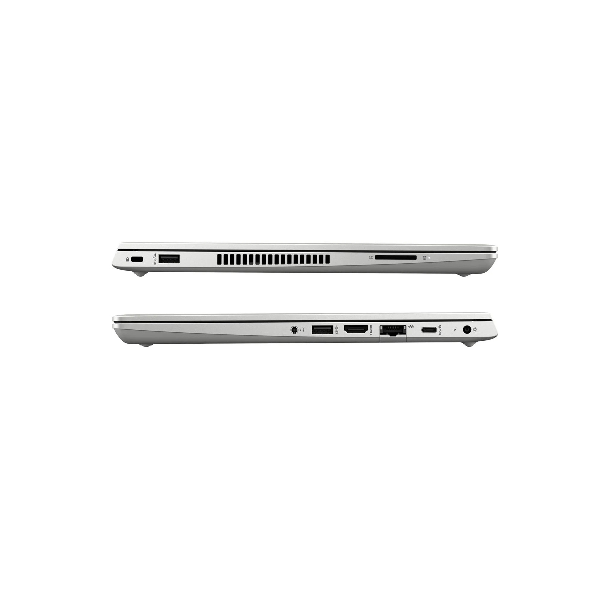 Obere und untere Ansicht der Seiten eines silbernen Laptops, die verschiedene Anschlüsse und Lüftungsschlitze auf weißem Hintergrund zeigen.