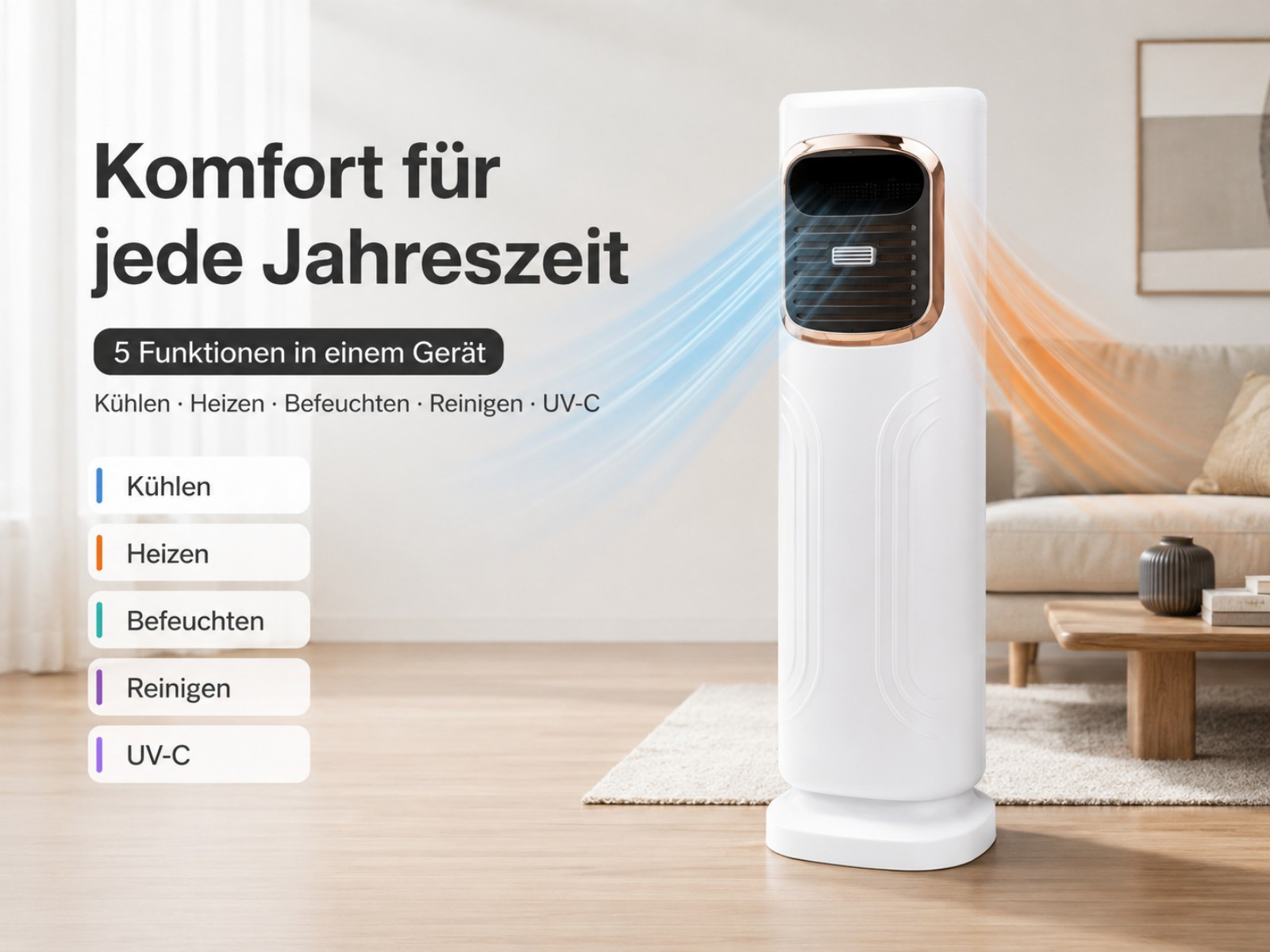 Ein weißer Turmlüfter mit goldenem Rand, der blaue und orangefarbene Luftströme zeigt.