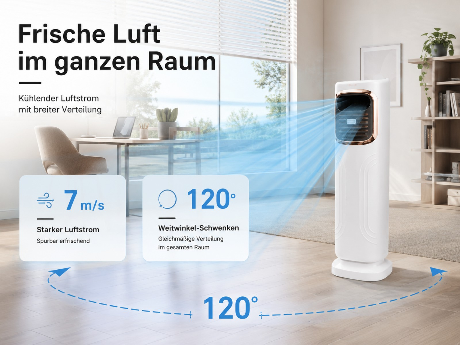 Ein weißer Luftreiniger mit goldener Zierleiste und blauem Luftstrom in einem Raum mit Schreibtisch, Stuhl und Fenster.