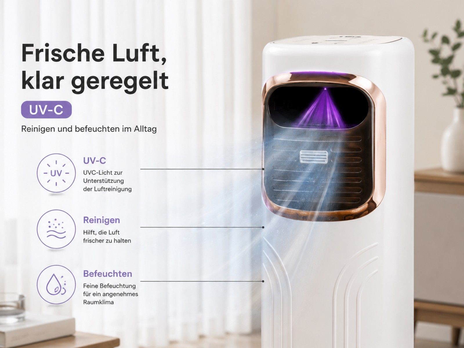 Luftreiniger mit UV-C-Licht, Reinigung und Befeuchtung. Frische Luft.