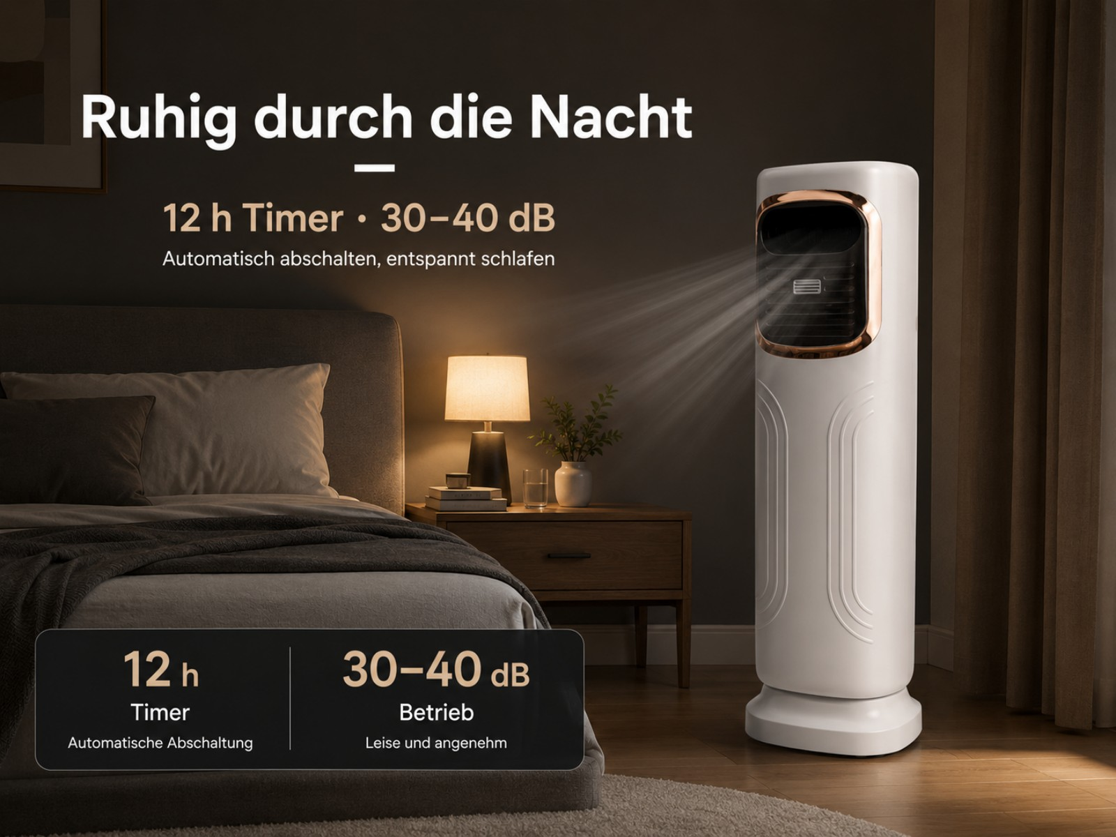 Ein weißer Turmventilator steht neben einem Bett mit Nachttischlampe. Es gibt Text über Timer und Lautstärke.