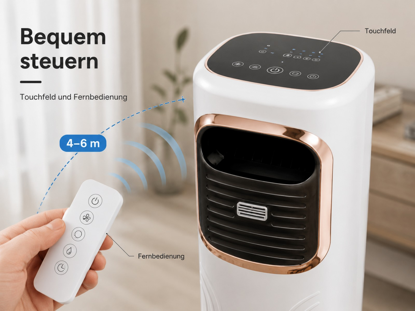 Eine Hand hält eine weiße Fernbedienung, die auf einen weißen und roséfarbenen Luftkühler mit einer schwarzen Oberseite zeigt.
